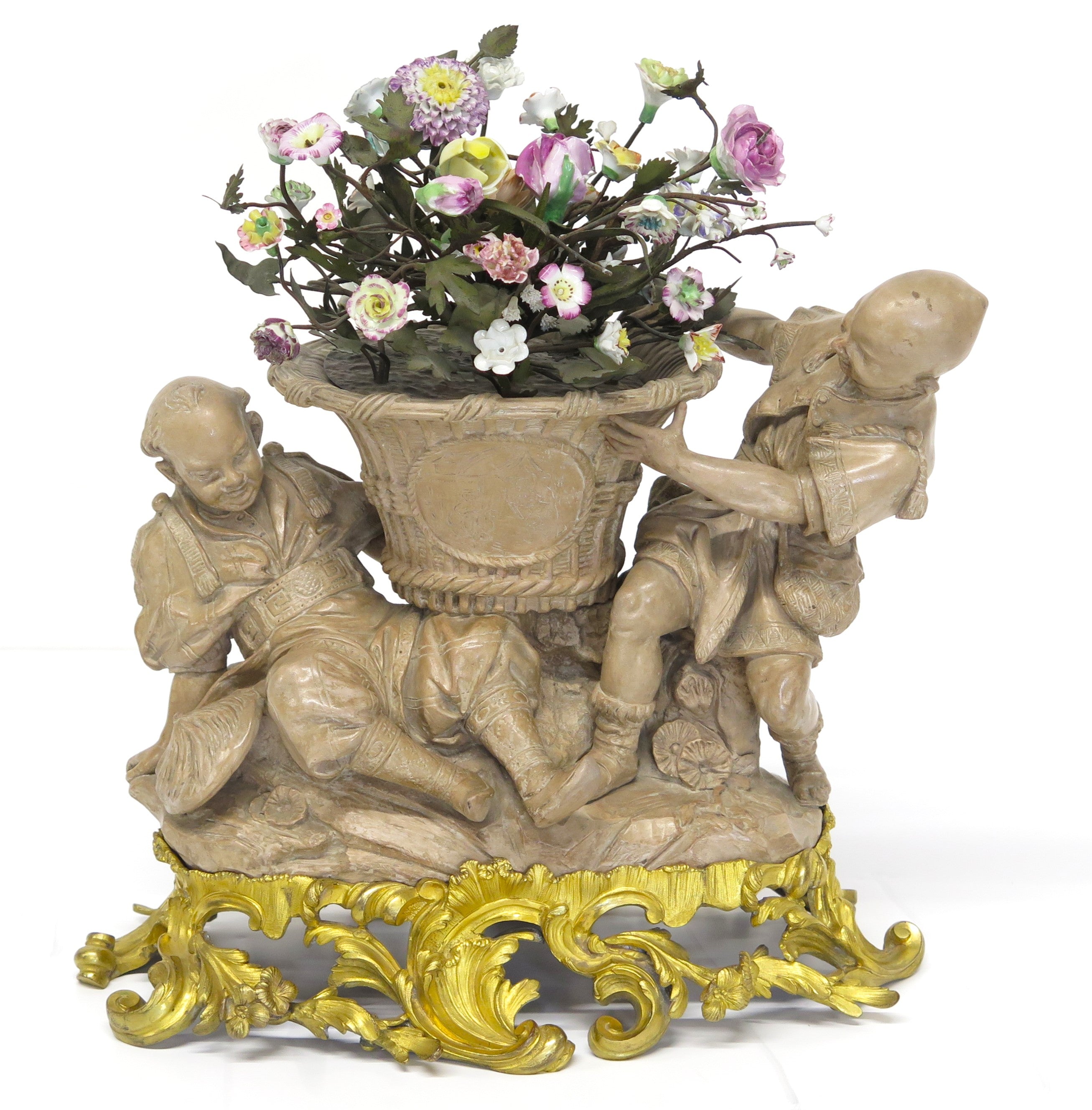 A Louis XV-Style Ormolu Mounted Terracotta Tôle Painted and Porcelain Centerpiece