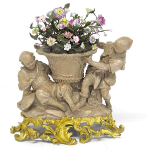 A Louis XV-Style Ormolu Mounted Terracotta Tôle Painted and Porcelain Centerpiece