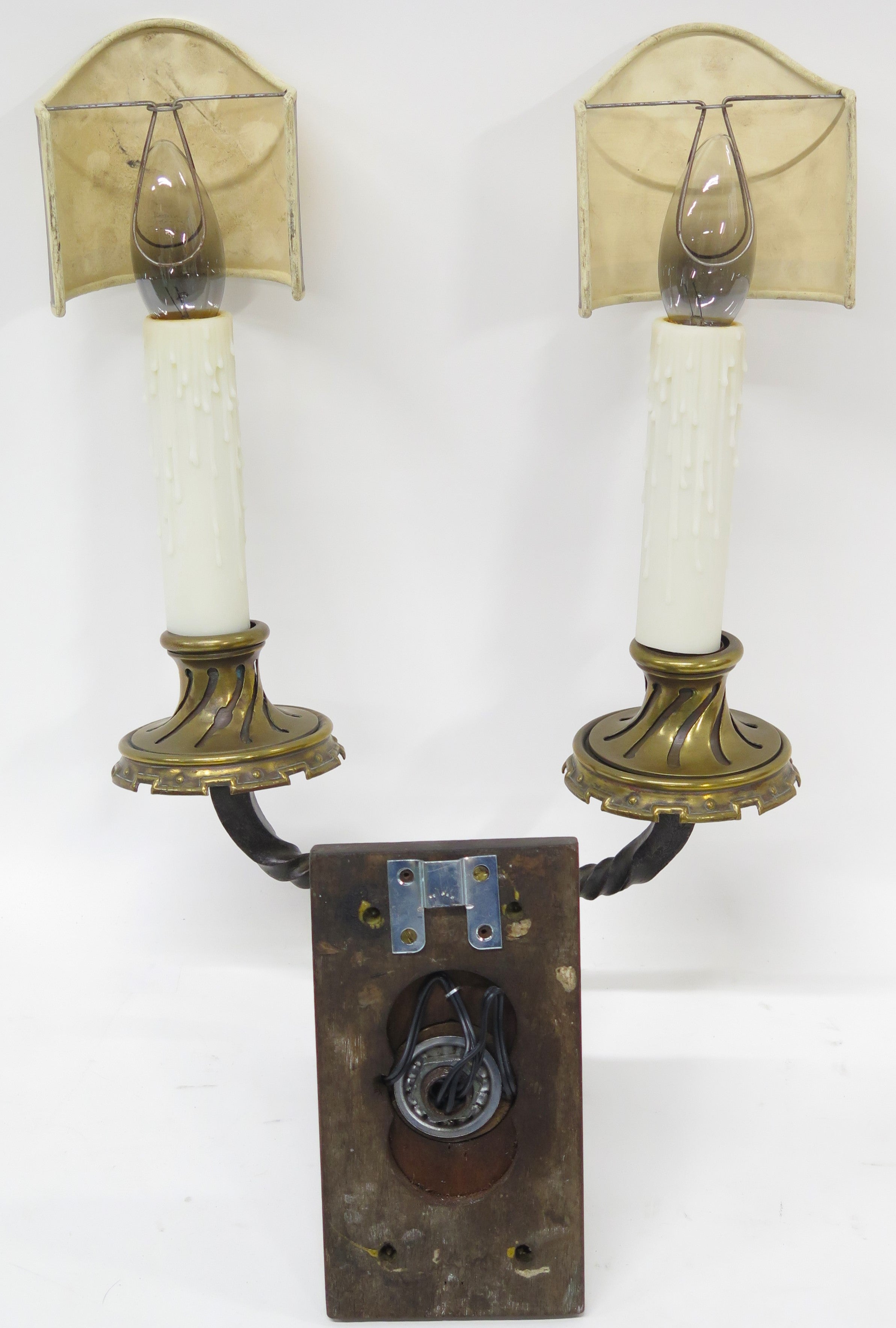 A Pair of Early 20th C. Hand Wrought Iron Two Light Sconces