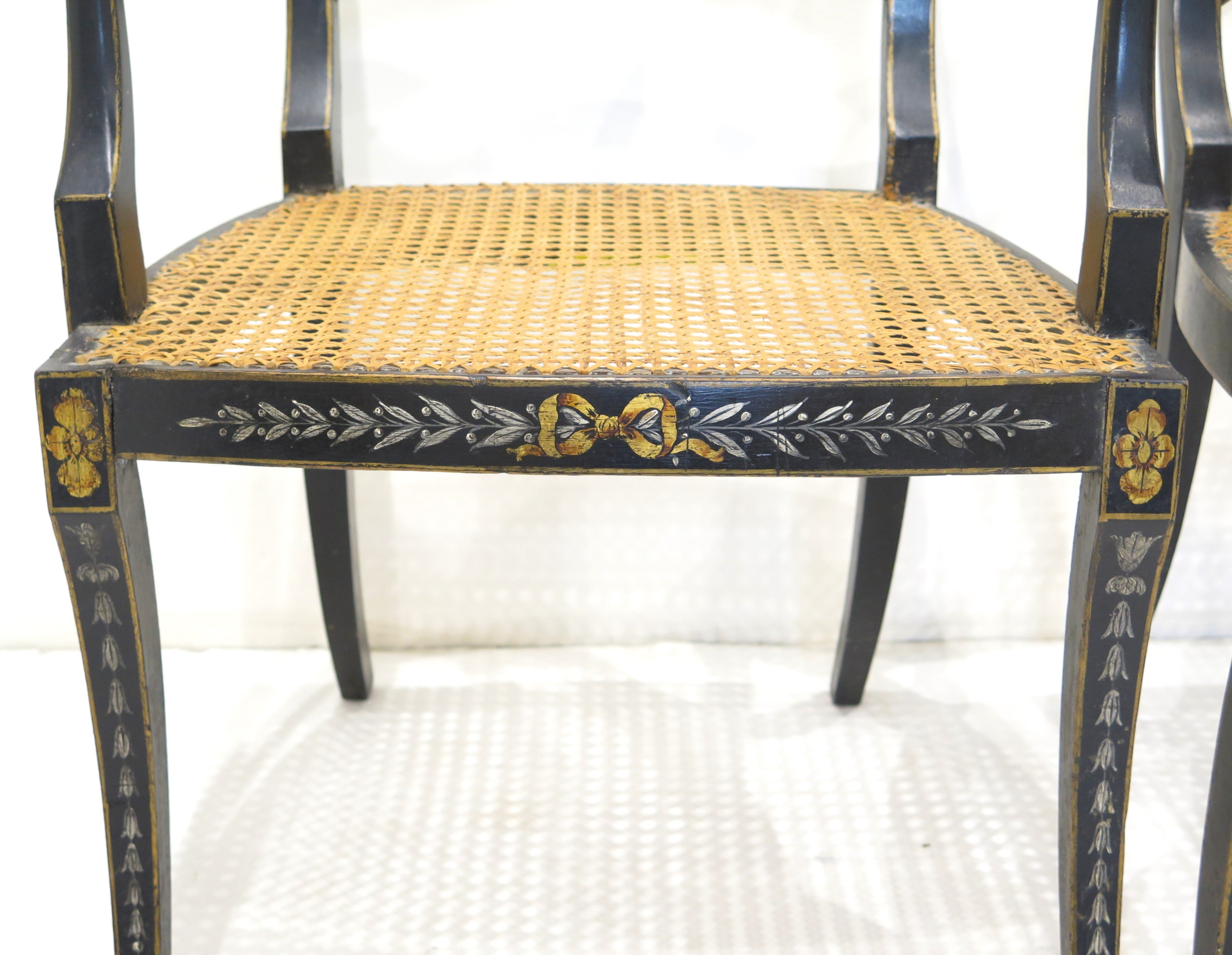 Pair of 19th Century English Black Painted Open Armchairs