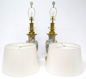 Pair of Chinese Rose Medallion Oil Lamps (Electrified)