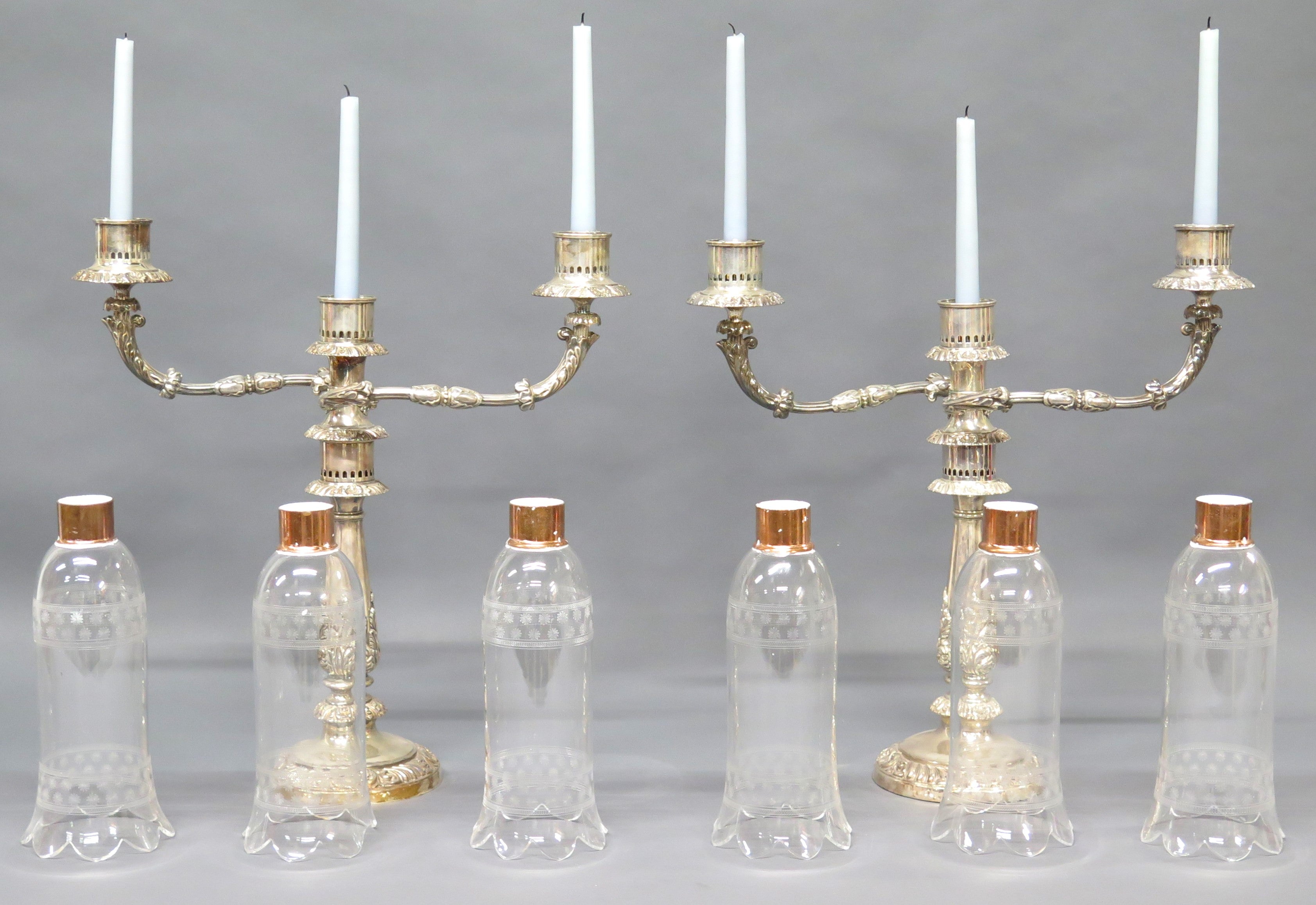 Sheffield Silver Candelabra with Etched Hurricane Shades