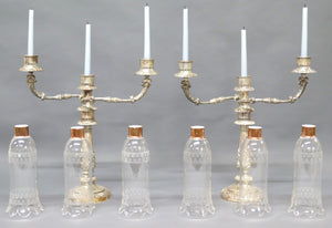 Sheffield Silver Candelabra with Etched Hurricane Shades