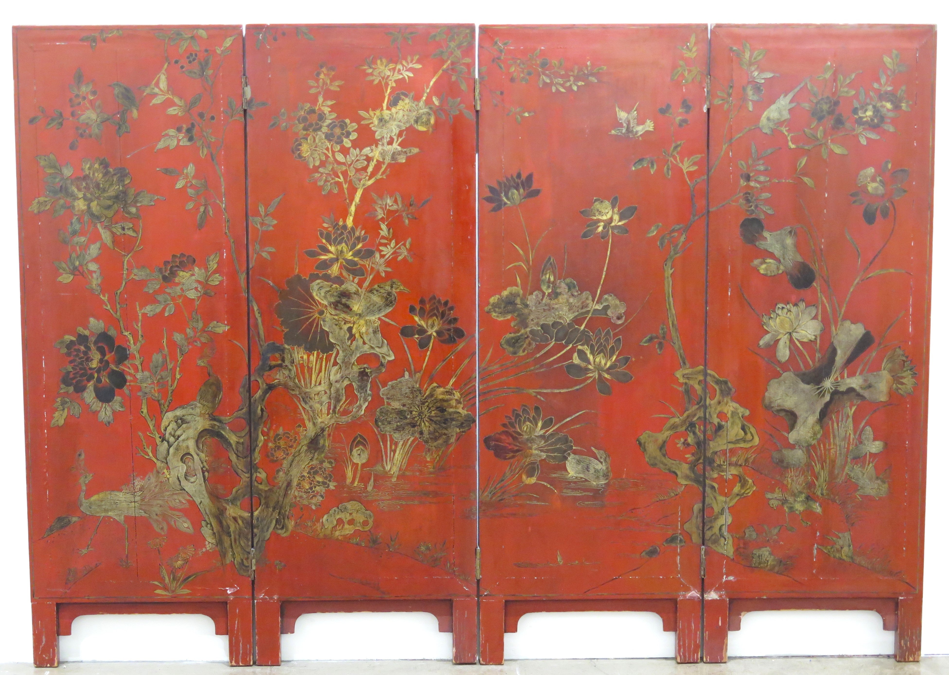 A Red Lacquered Chinese Export Four Panel Screen