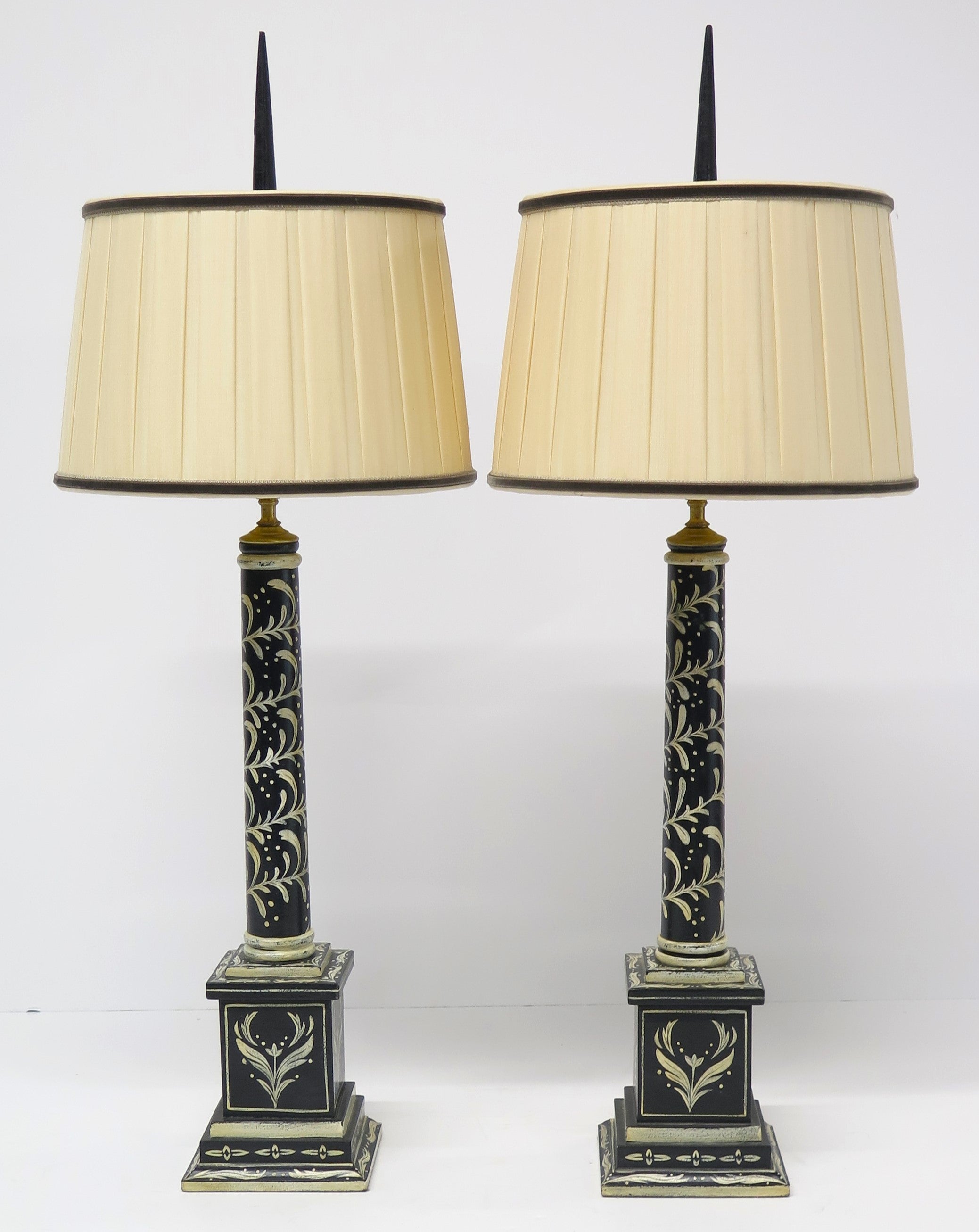 Pair of Black and White Painted Wooden Column Table Lamps