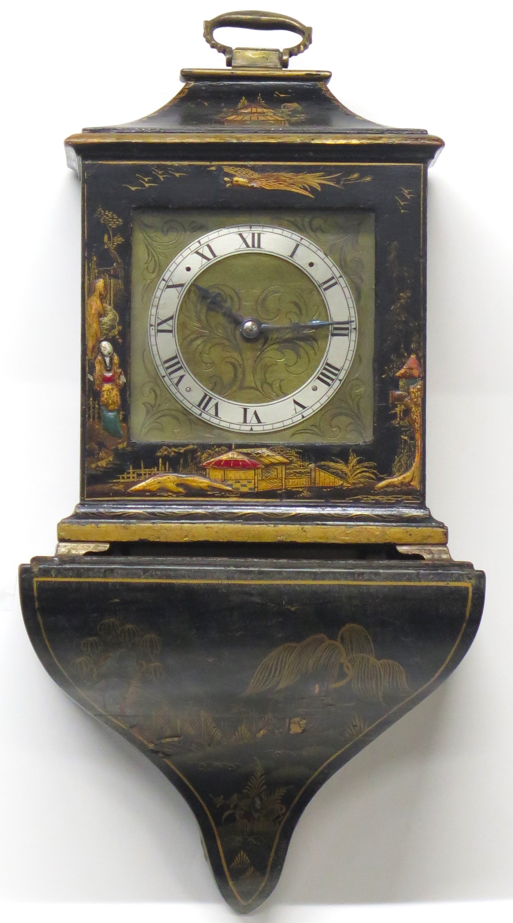 A Charming French Black Lacquer Chinoisorie Japanned Bracket Clock