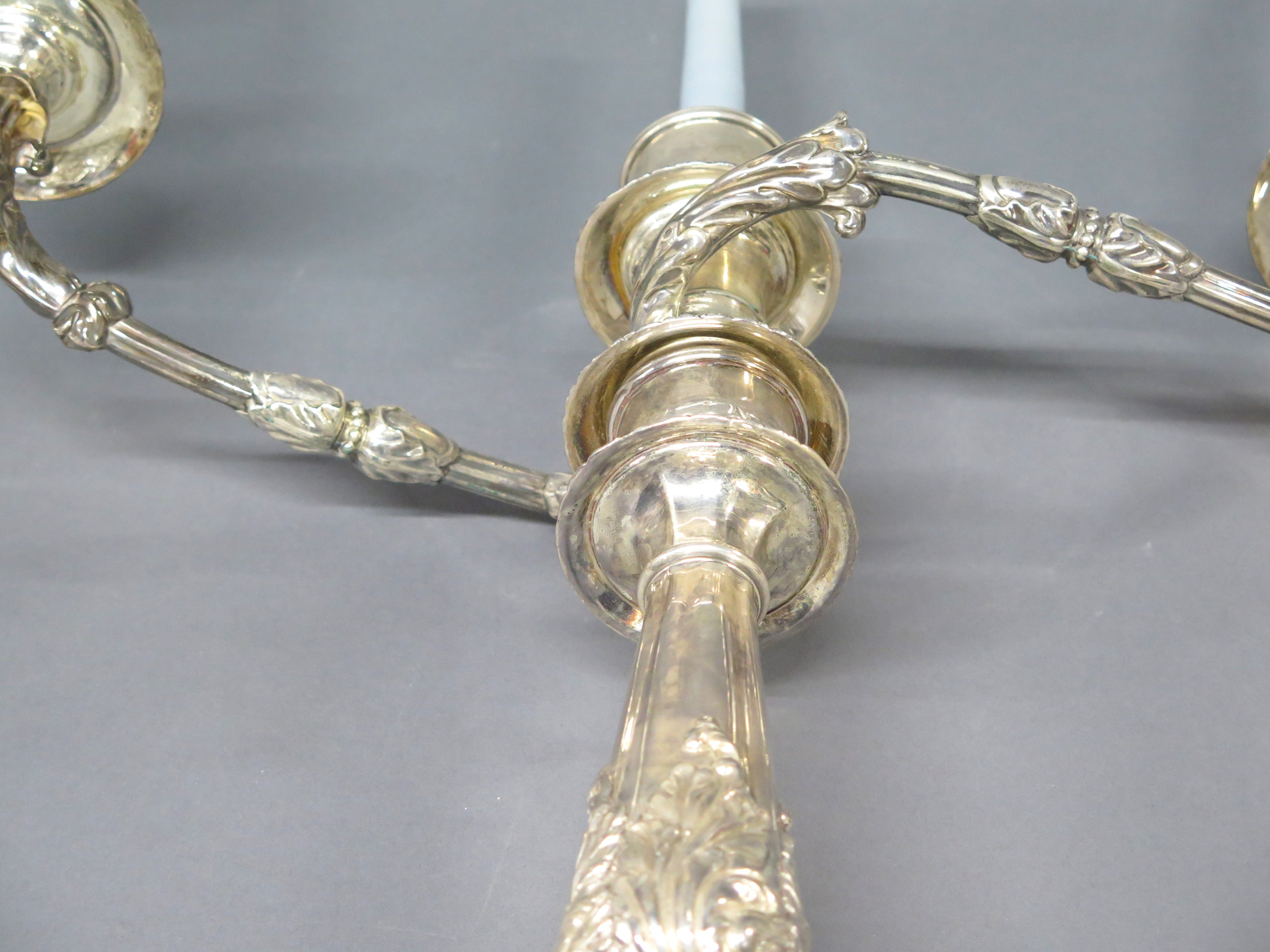 Sheffield Silver Candelabra with Etched Hurricane Shades