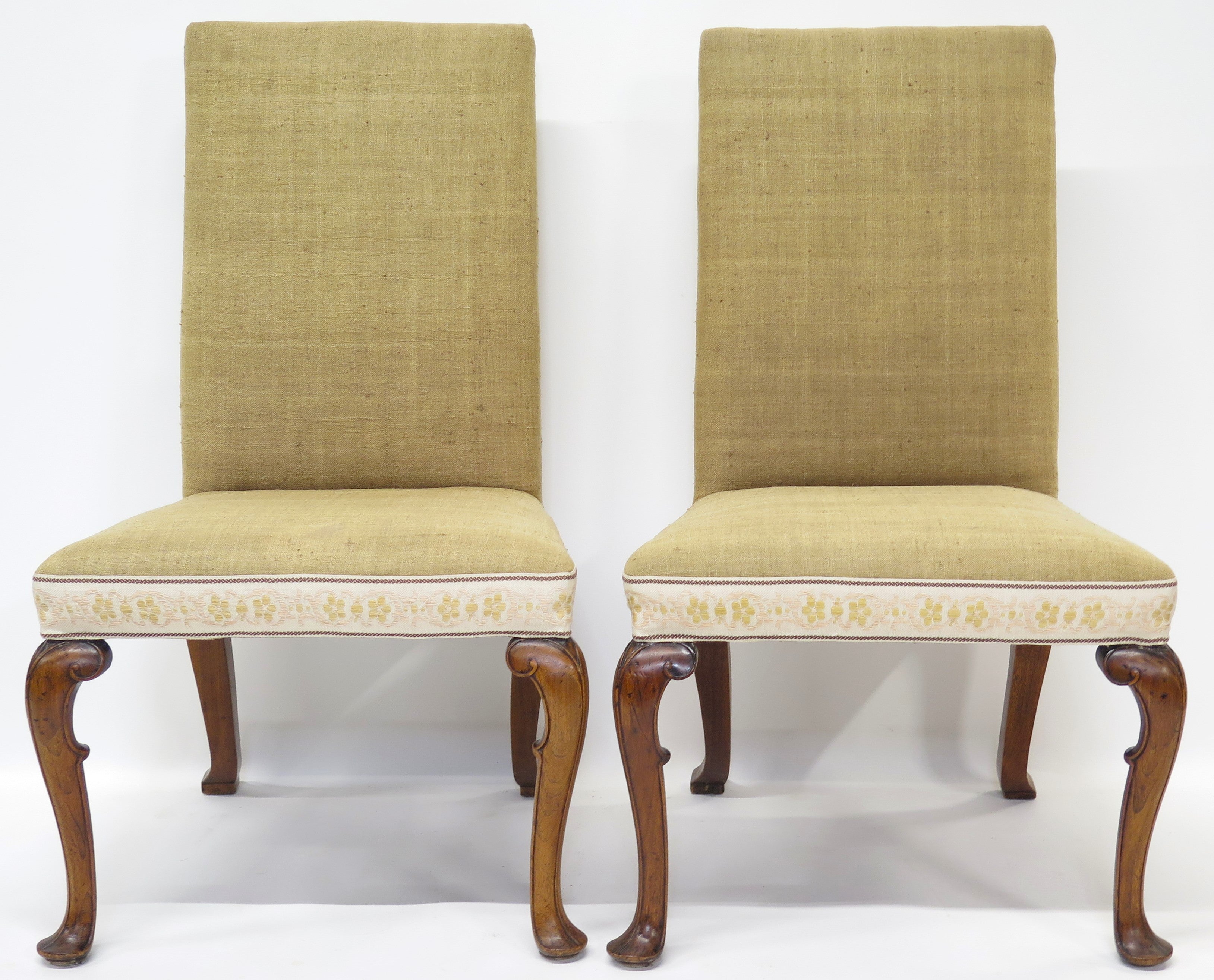 A Pair of Queen Anne Style Walnut Upholstered Backstools / Chairs