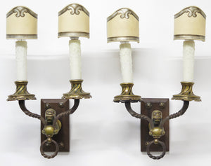 A Pair of Early 20th C. Hand Wrought Iron Two Light Sconces