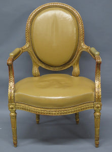 Louis XVI-Style Carved and Gilded Leather Fauteuil