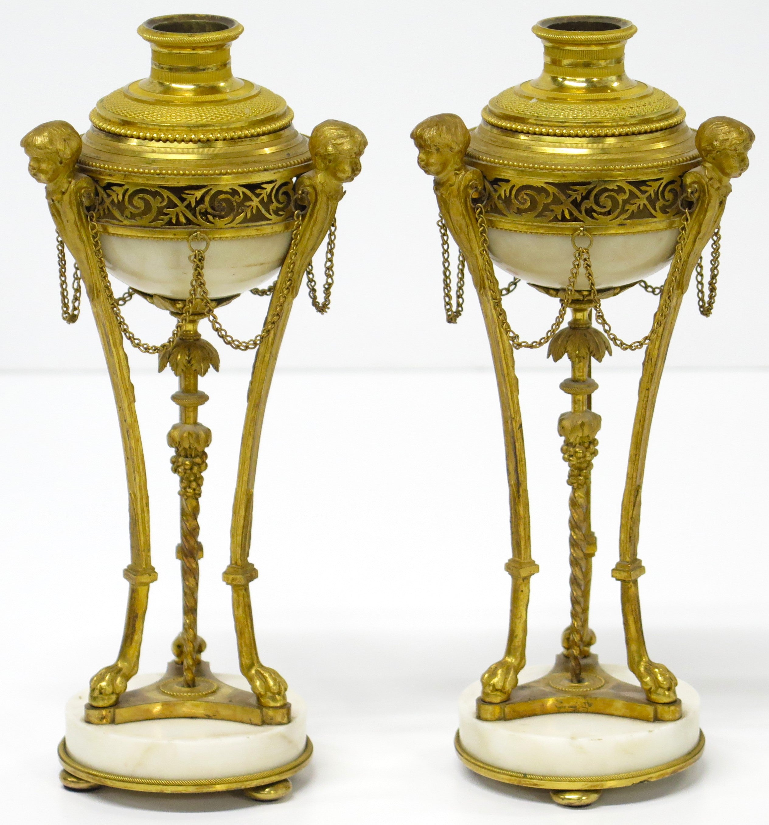 A Pair of Louis XVI Ormolu and White Marble Cassolettes