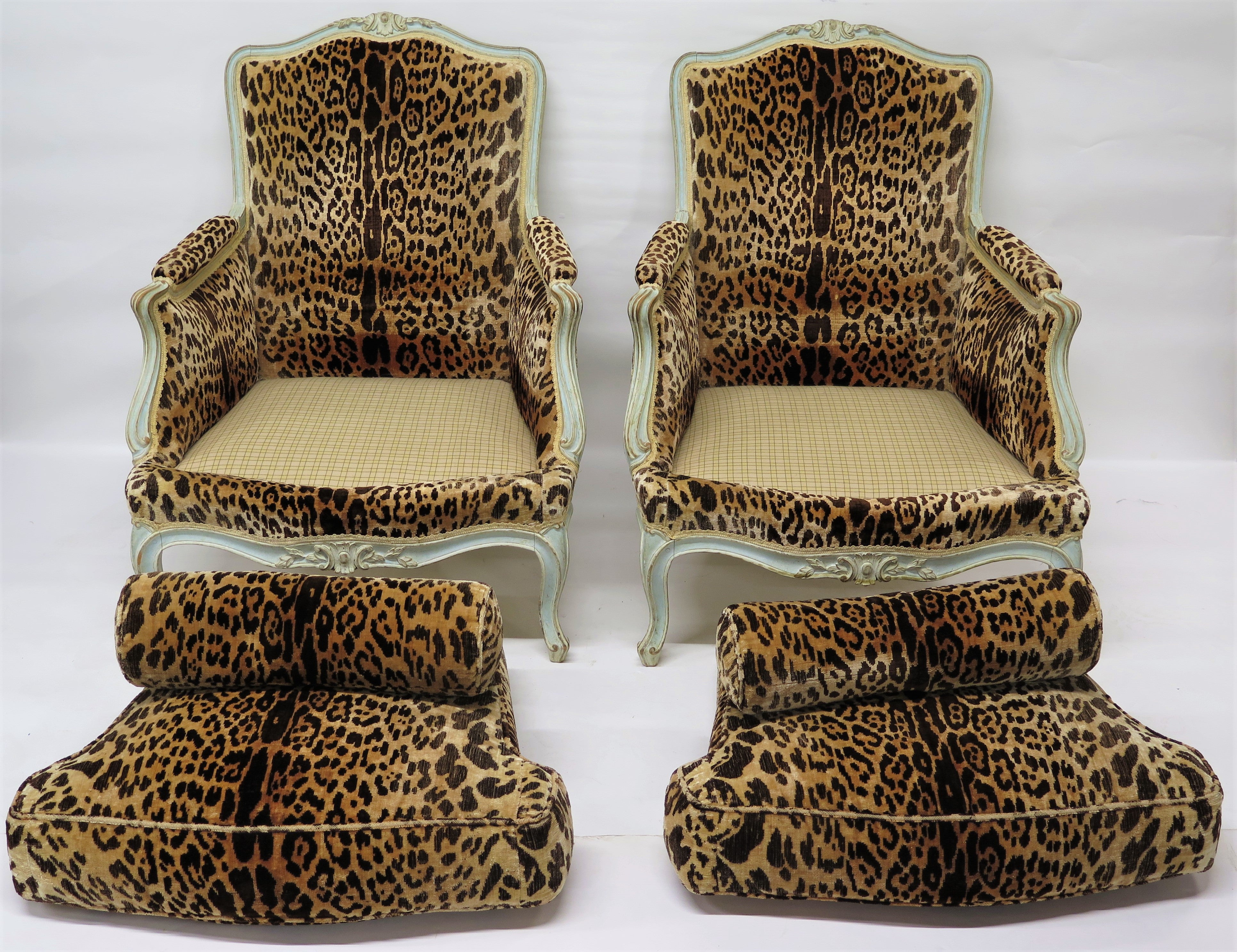 Pair of Large Louis XV-Style Bergères in Vintage Leopard Silk Velvet