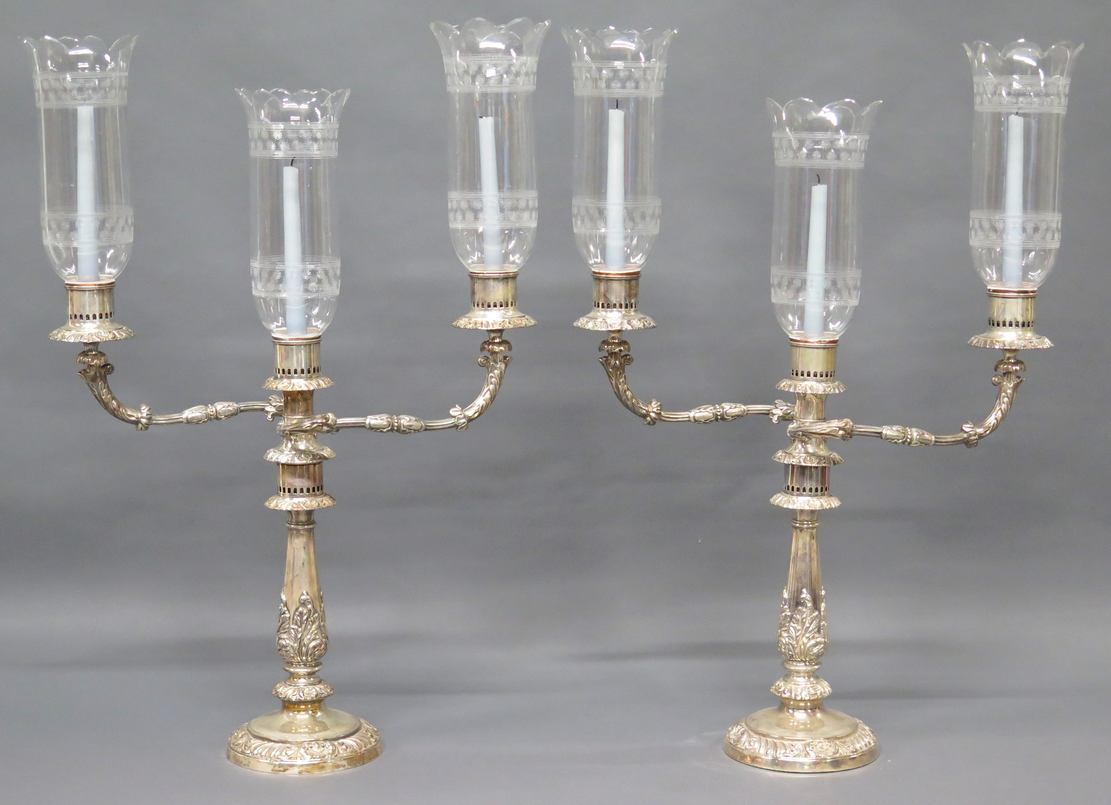 Sheffield Silver Candelabra with Etched Hurricane Shades