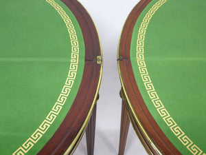A Beatiful "Near" Pair of Louis XVI Style Mahogany and Brass Mounted Demilune Games Tables