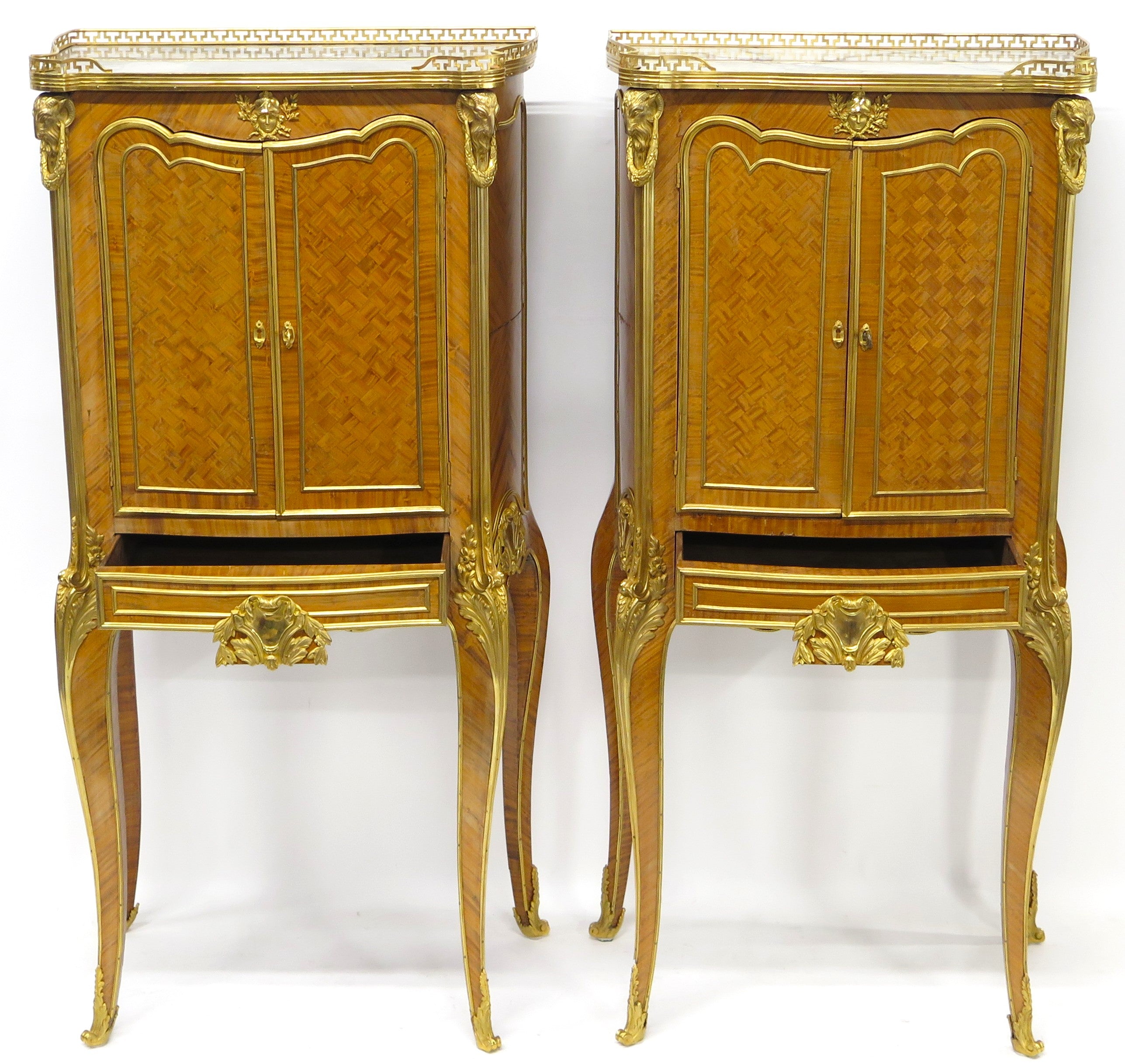 A Matched Pair of Louis XV / Transitional Ormolu-Mounted Parquetry Cabinets