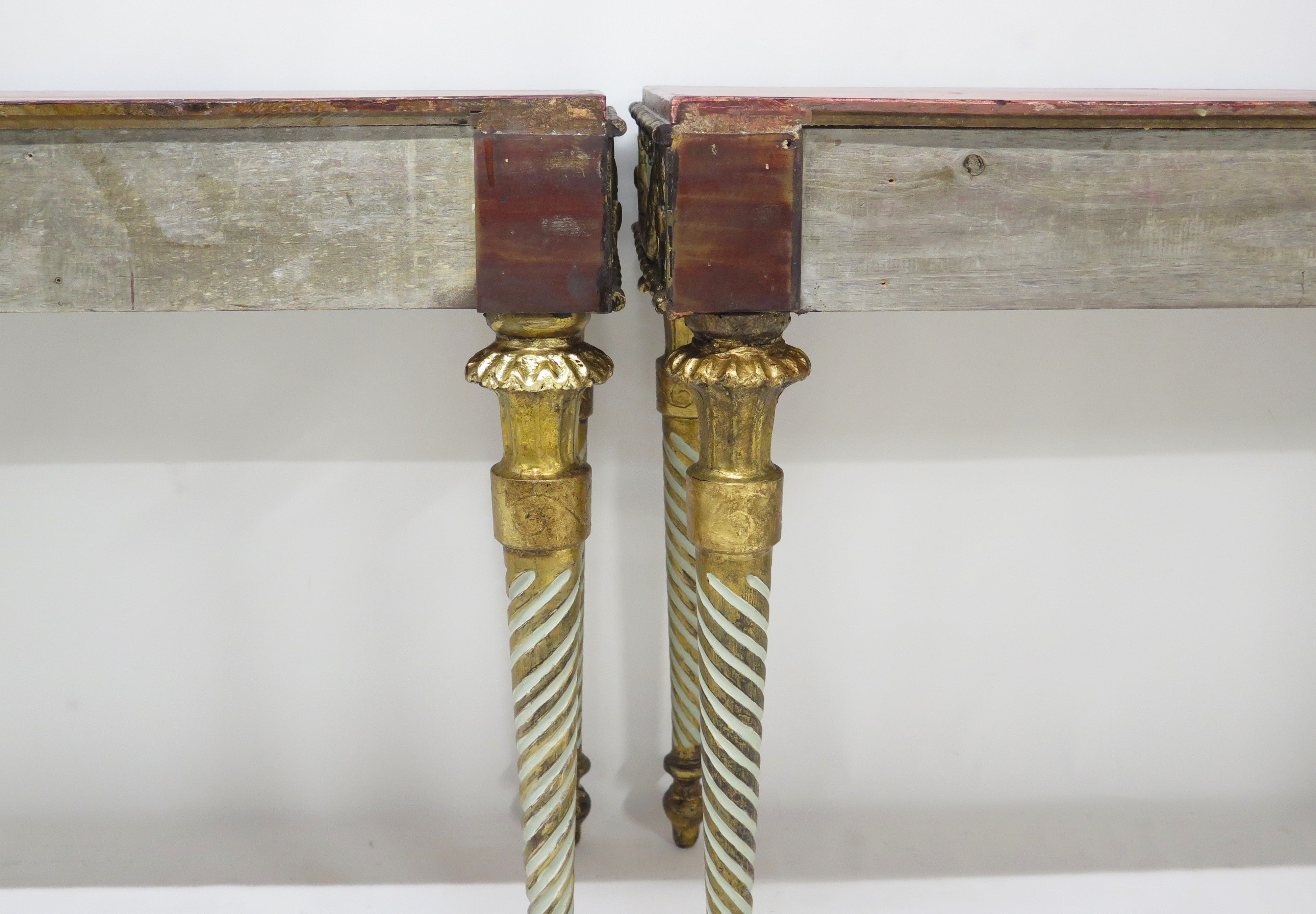 Neoclassic Style Painted Console Tables with Faux Marble Tops
