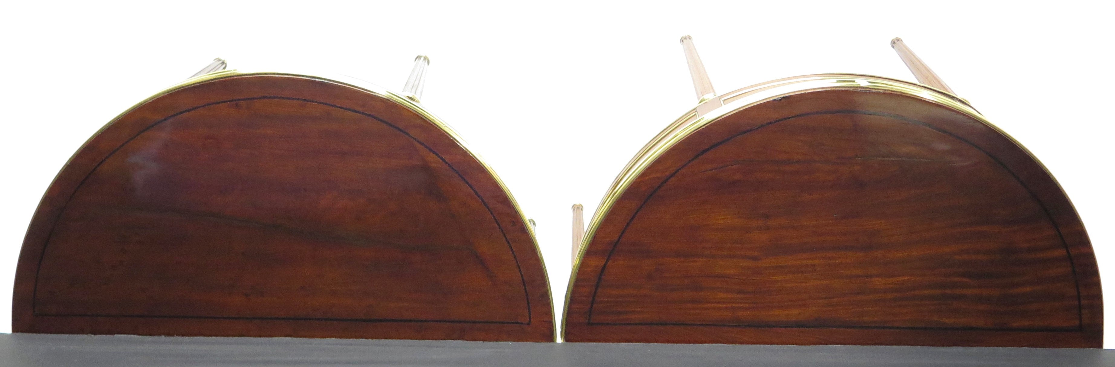 A Beatiful "Near" Pair of Louis XVI Style Mahogany and Brass Mounted Demilune Games Tables