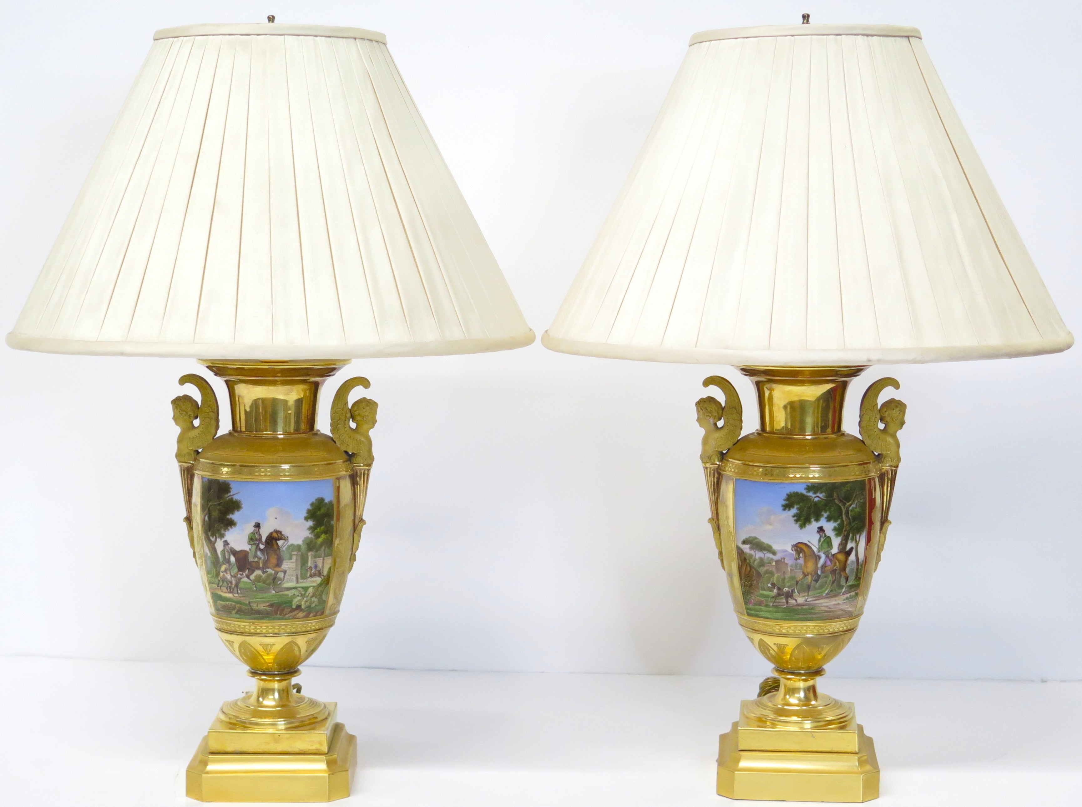 Pair of Gilt Bronze and "Old Paris" Porcelain Neoclassical Table Lamps