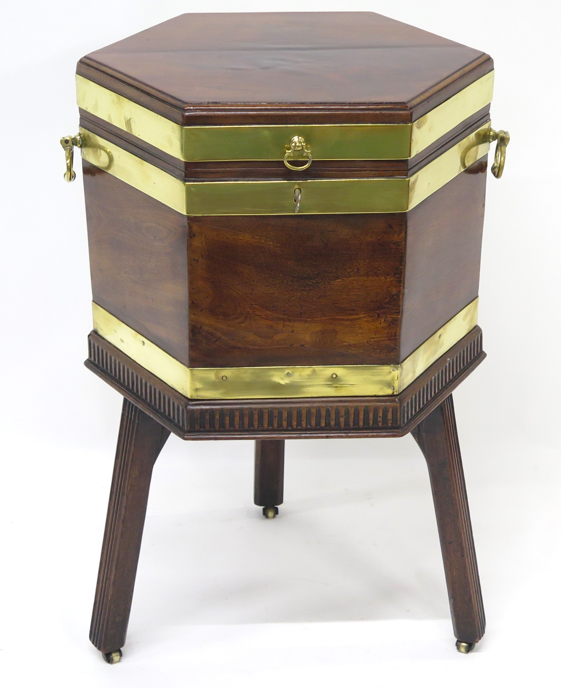 Georgian Mahogany Hexagonal Cellarette with Wide Brass Bands