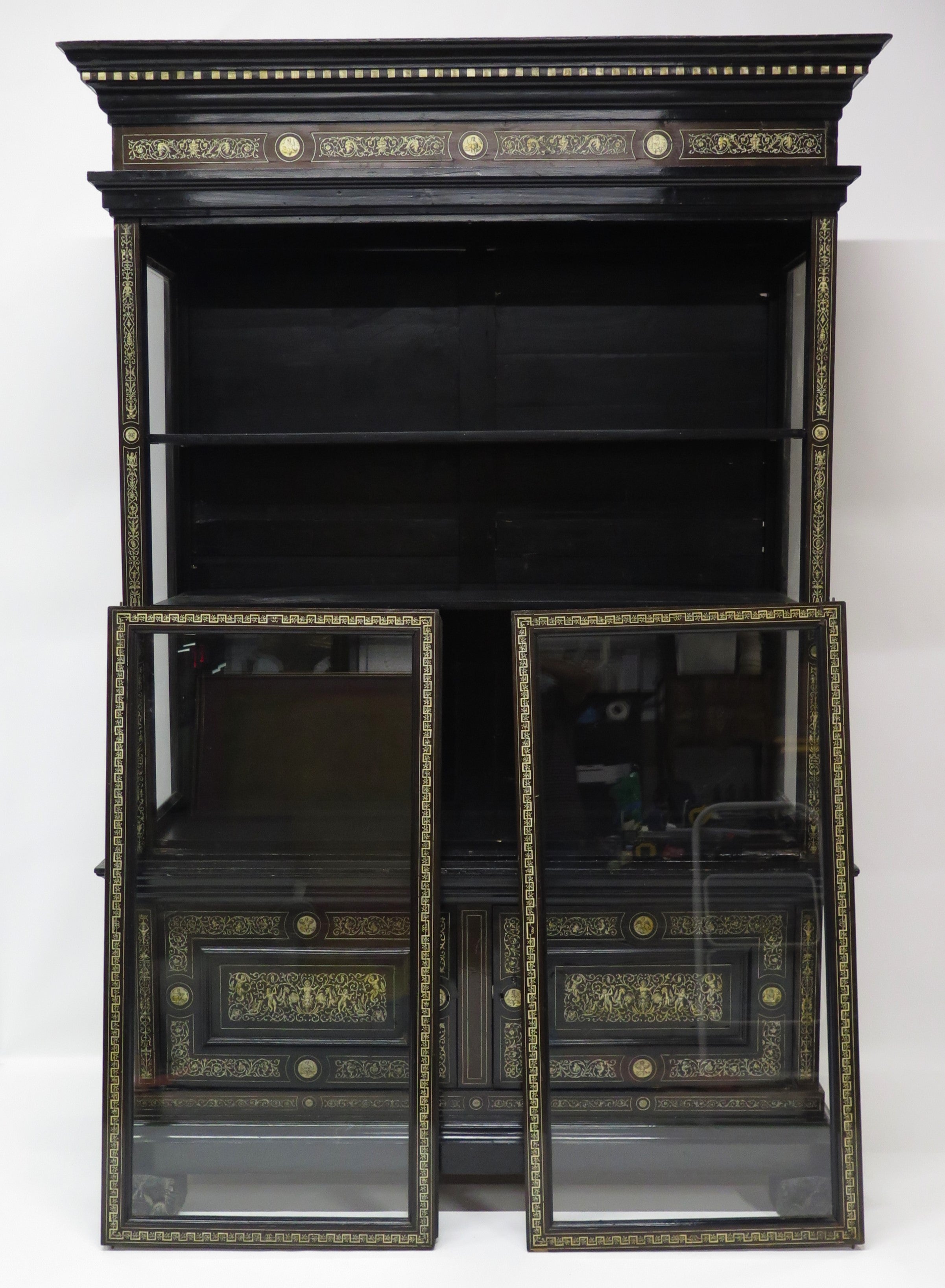 North Italian Ebonized Marquetry Inlaid Vitrine Cabinet Illuminated