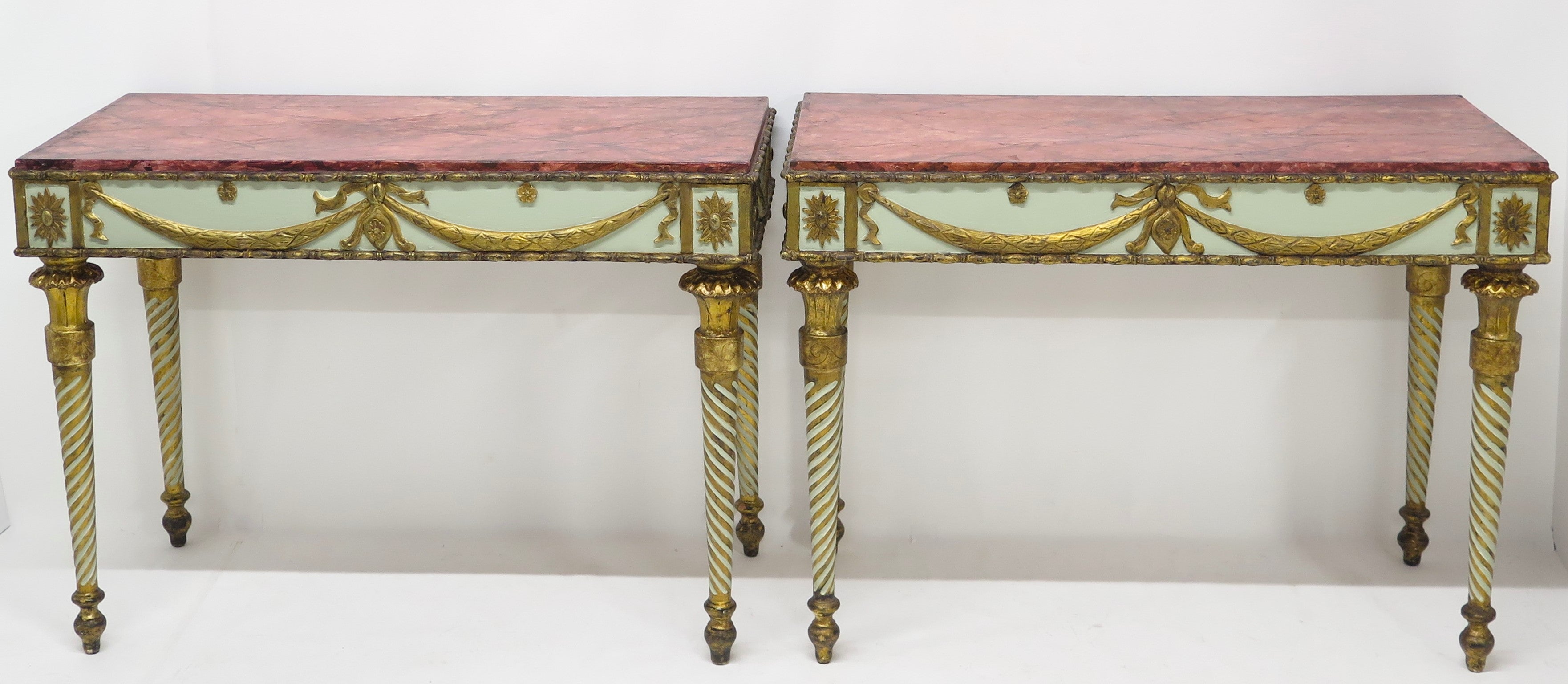 Neoclassic Style Painted Console Tables with Faux Marble Tops