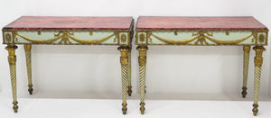 Neoclassic Style Painted Console Tables with Faux Marble Tops