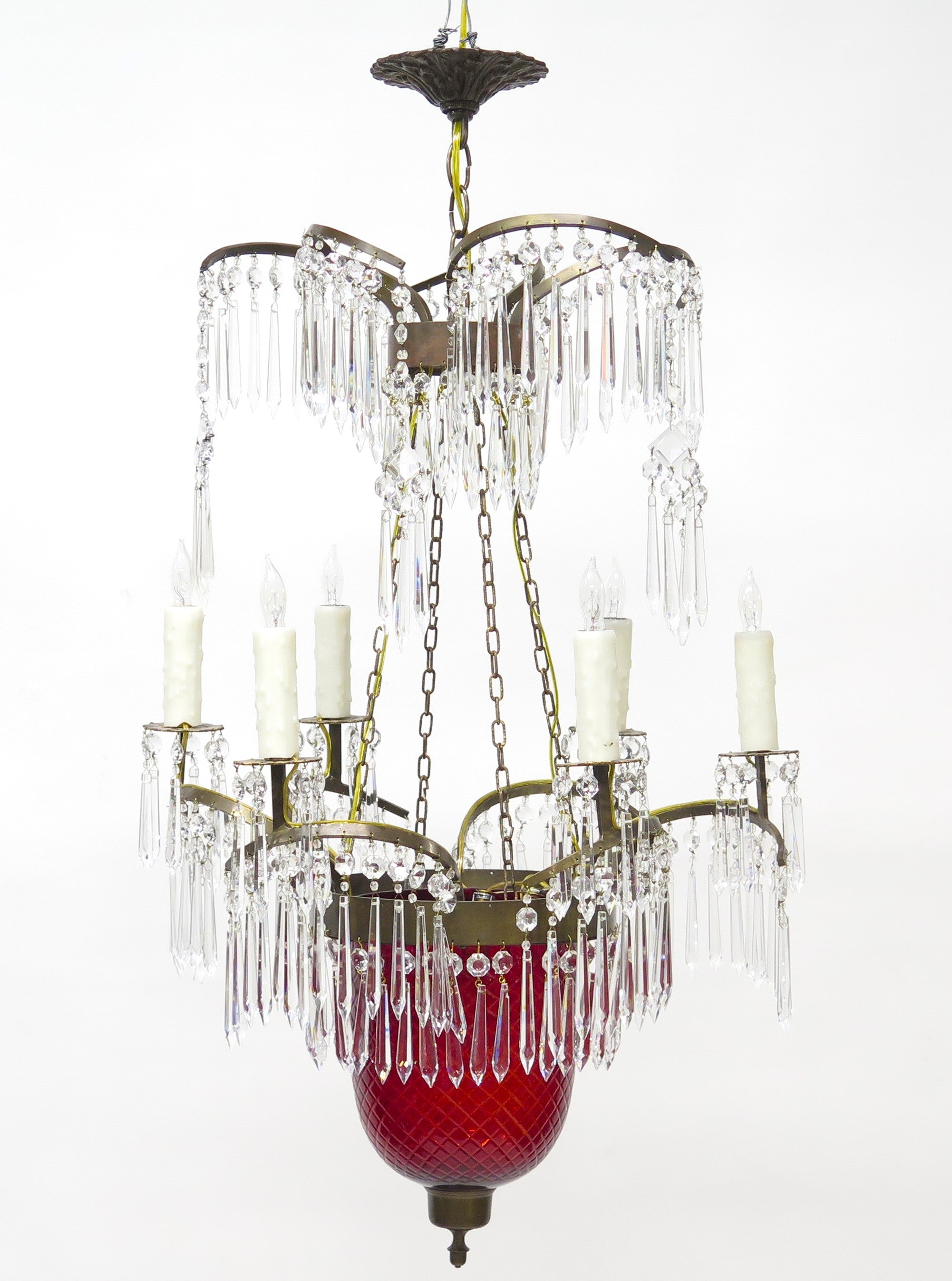 Russian Crystal and Cranberry Glass Hurricane Chandelier