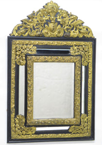 Dutch Looking Glass of Ebony and Brass Repoussé