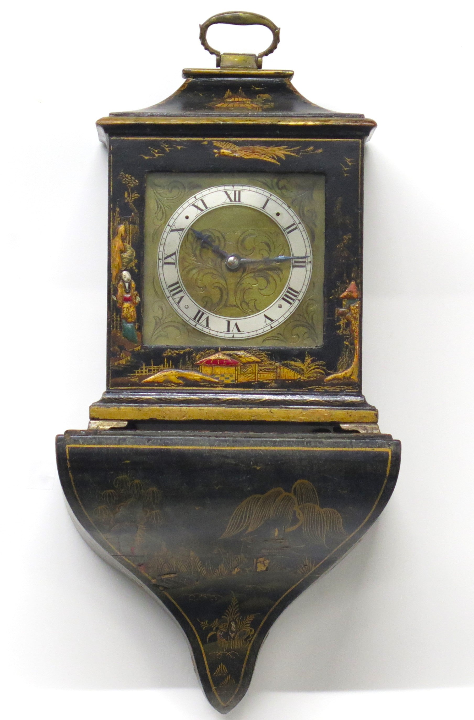 A Charming French Black Lacquer Chinoisorie Japanned Bracket Clock