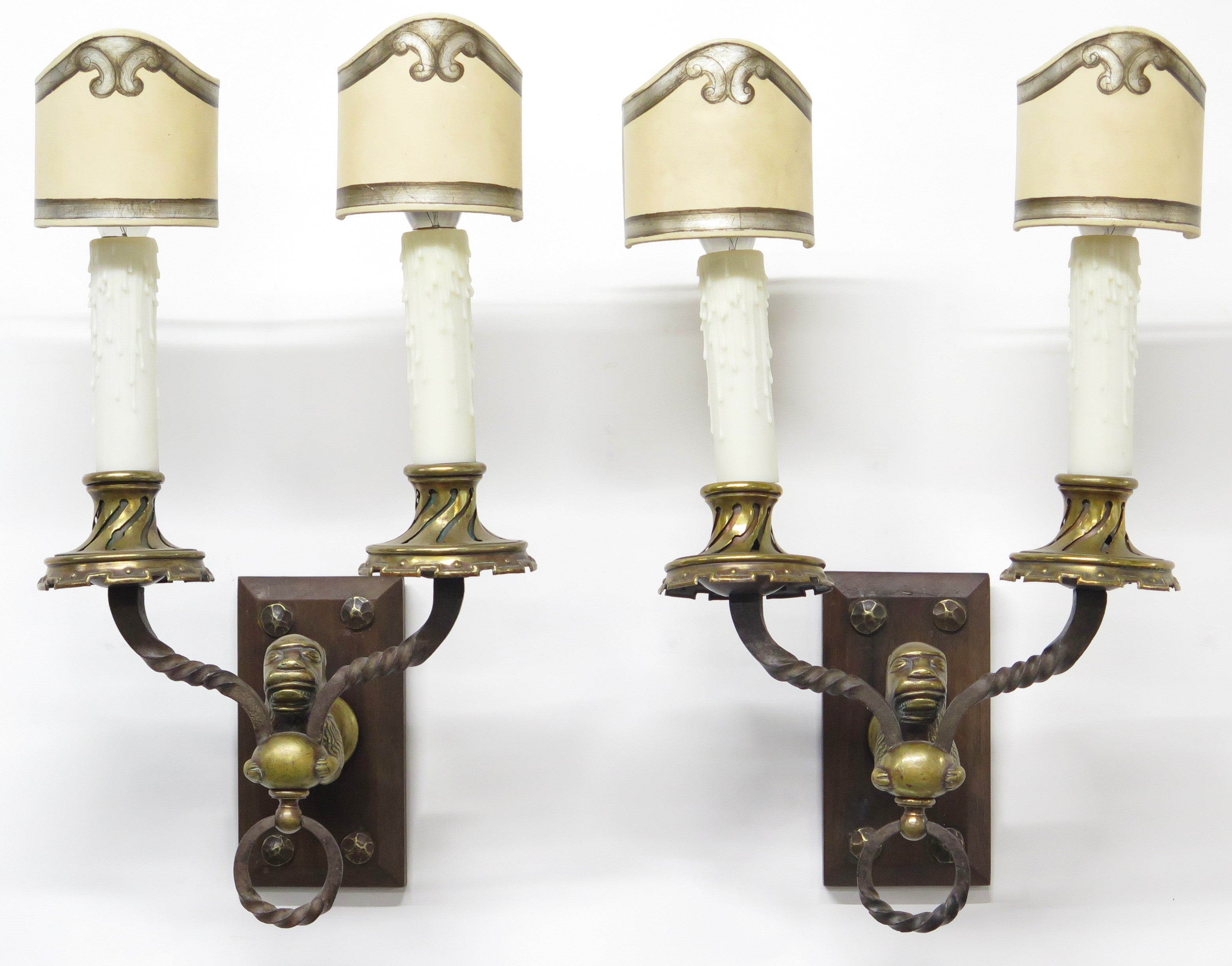 A Pair of Early 20th C. Hand Wrought Iron Two Light Sconces