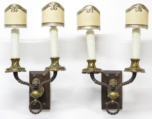 A Pair of Early 20th C. Hand Wrought Iron Two Light Sconces