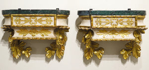 Pair of Carved Painted and Parcel Gilt Wall Brackets