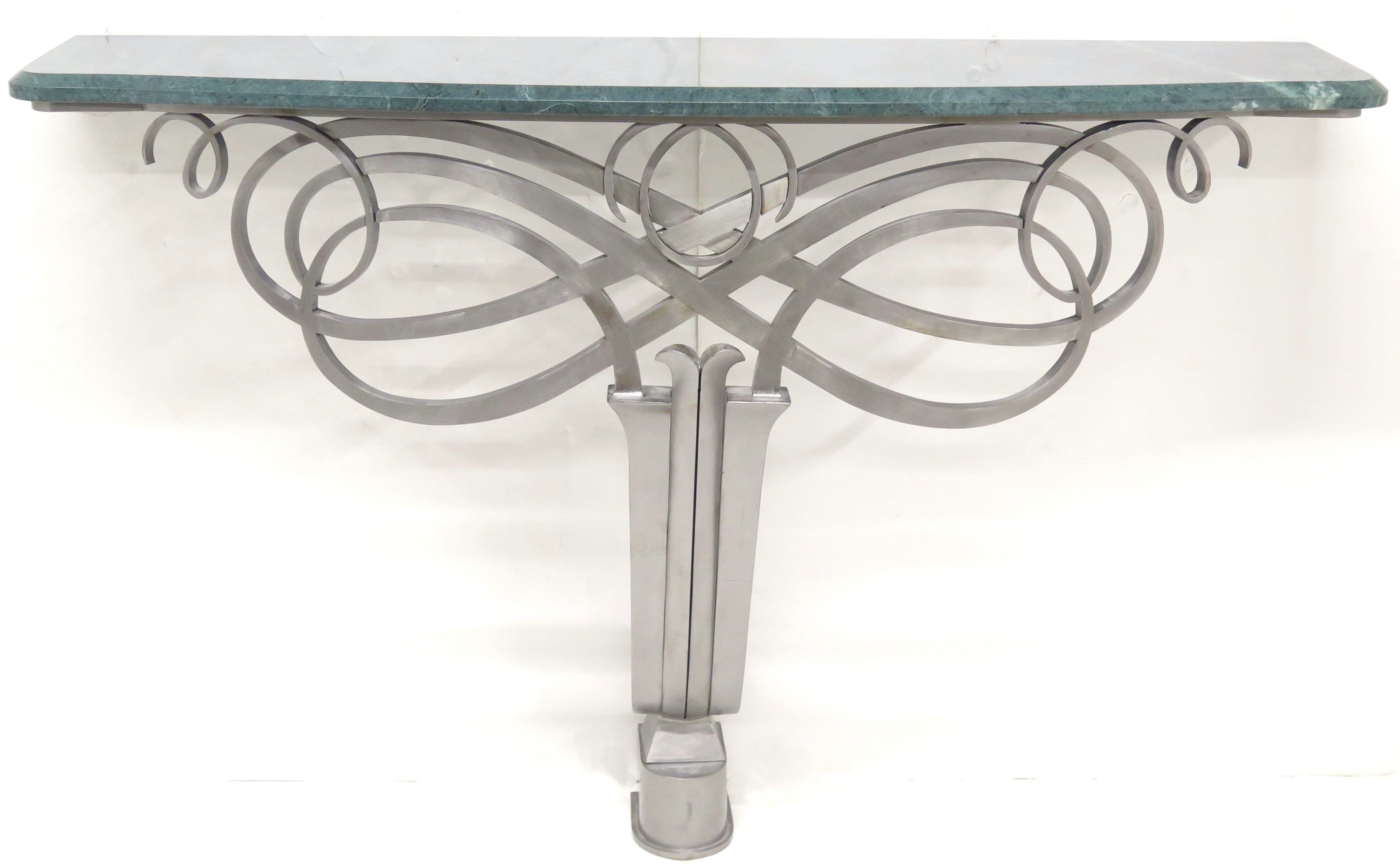 Art Deco Stainless Steel and Marble Console Table in the Manner of Raymond Subes