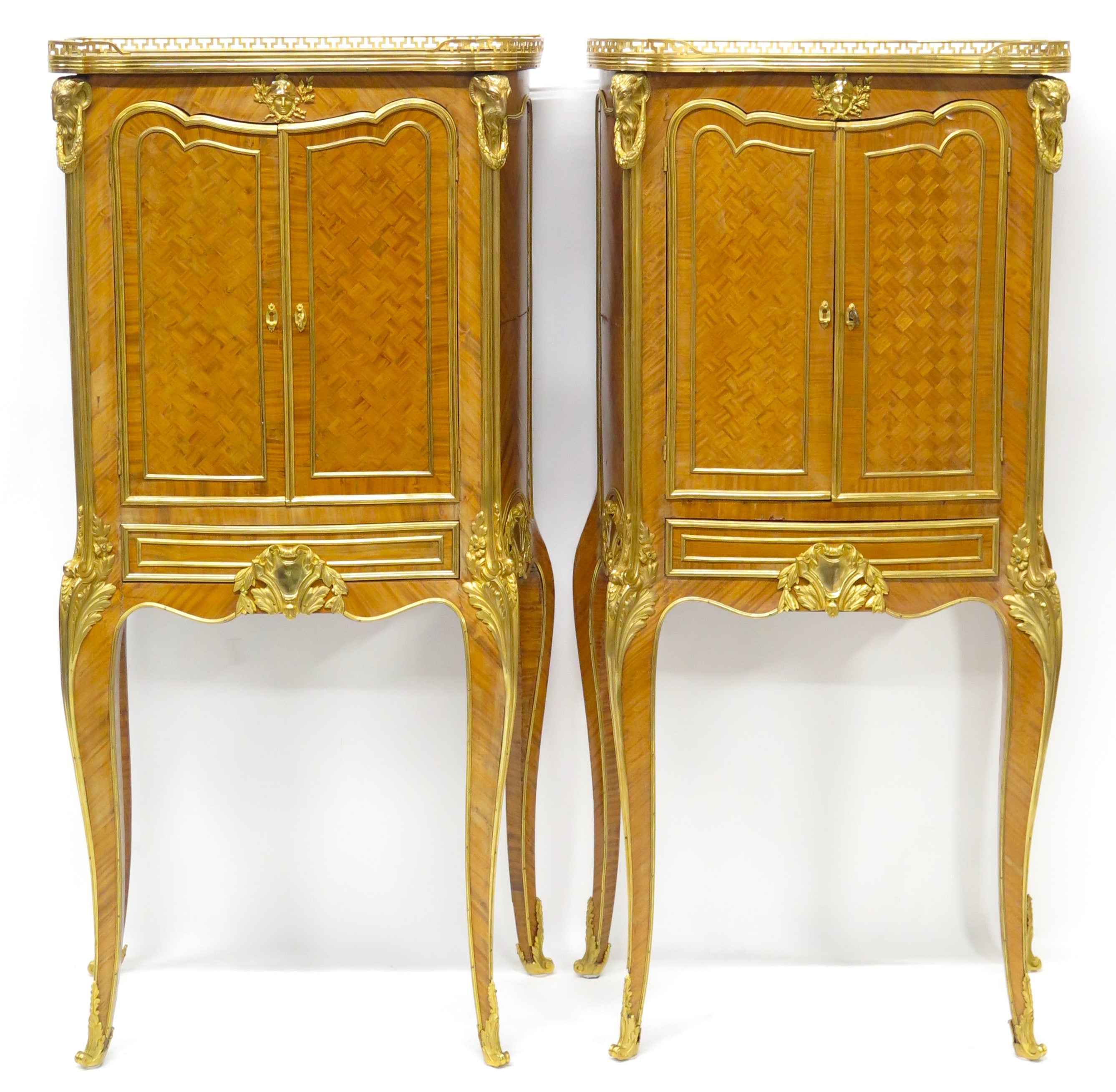 A Matched Pair of Louis XV / Transitional Ormolu-Mounted Parquetry Cabinets