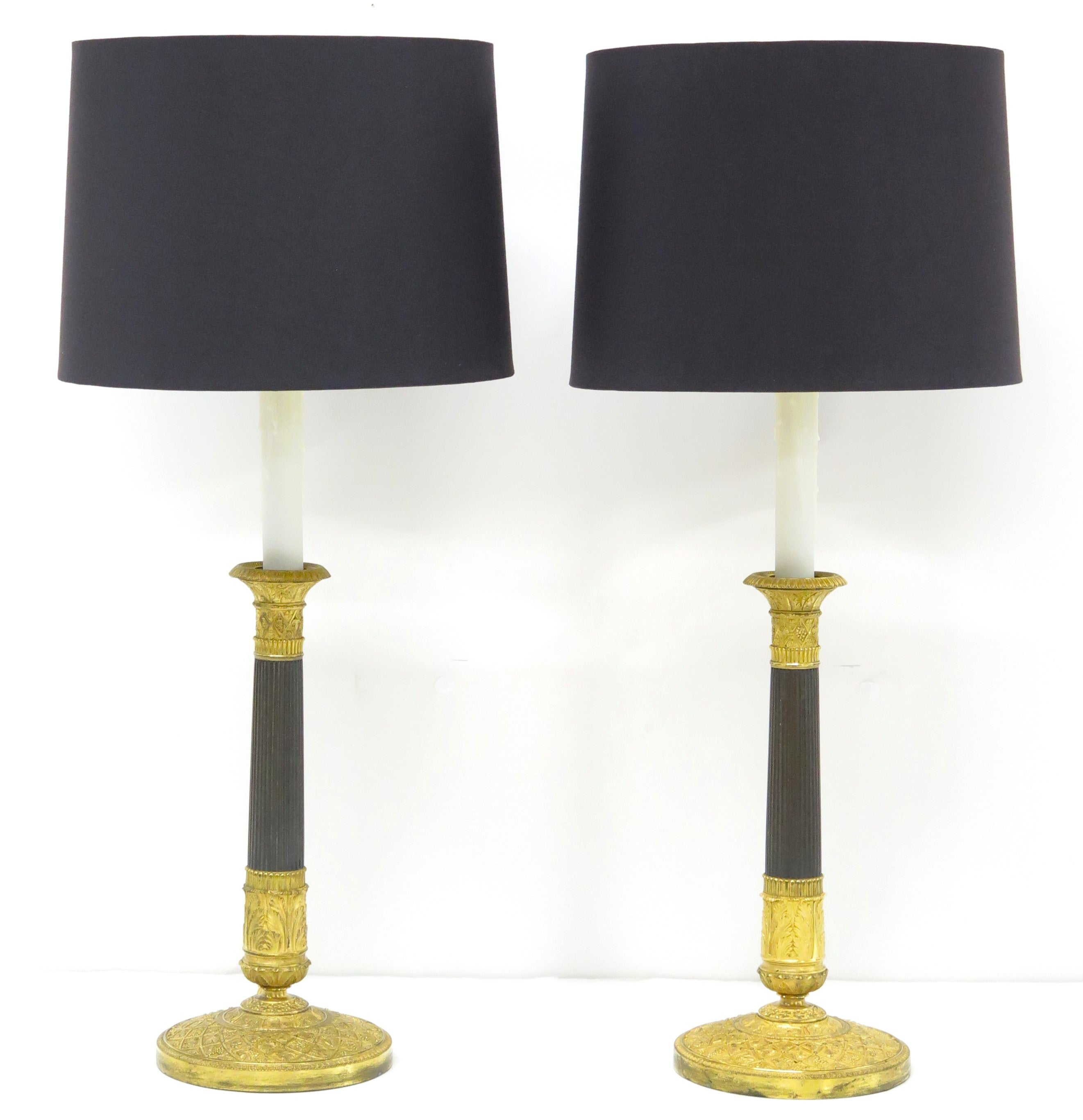 Pair of Charles X Bronze Doré and Patinated Bronze Candlesticks as Custom Lamps