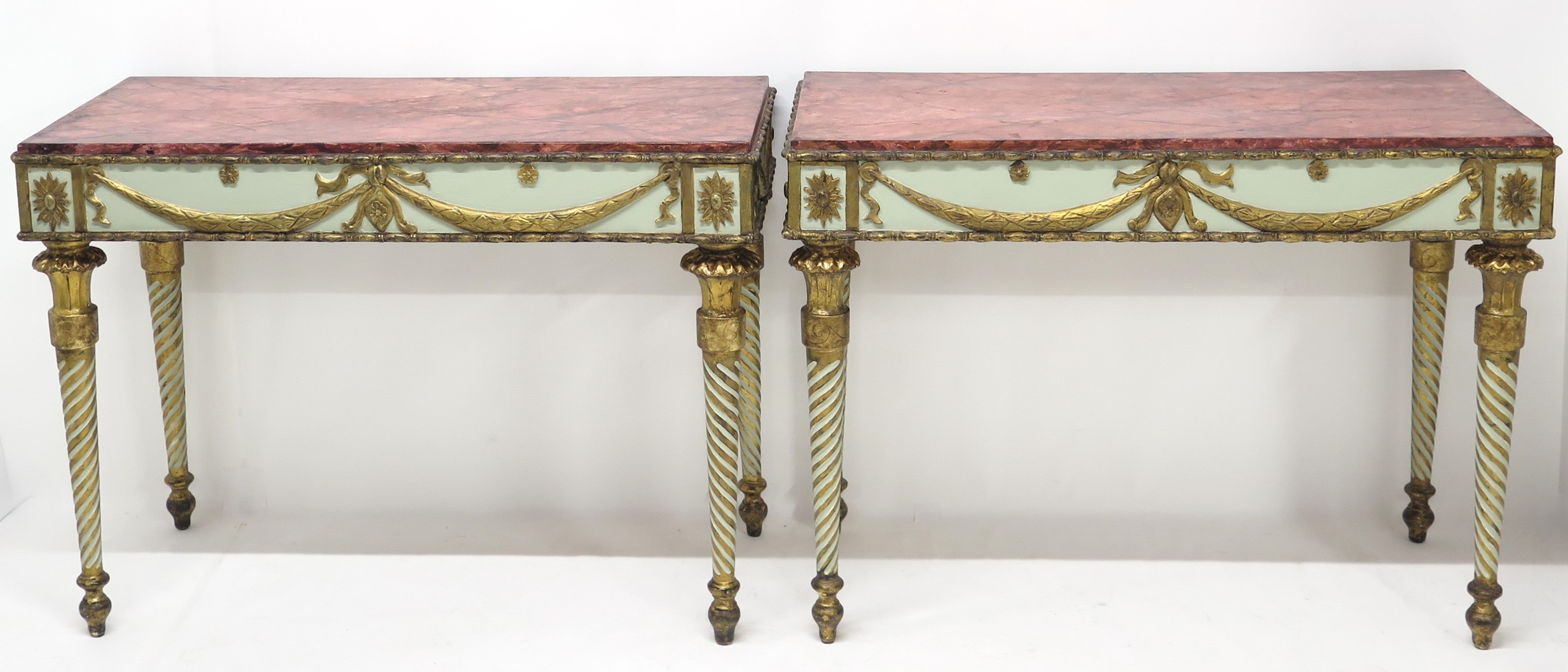 Neoclassic Style Painted Console Tables with Faux Marble Tops
