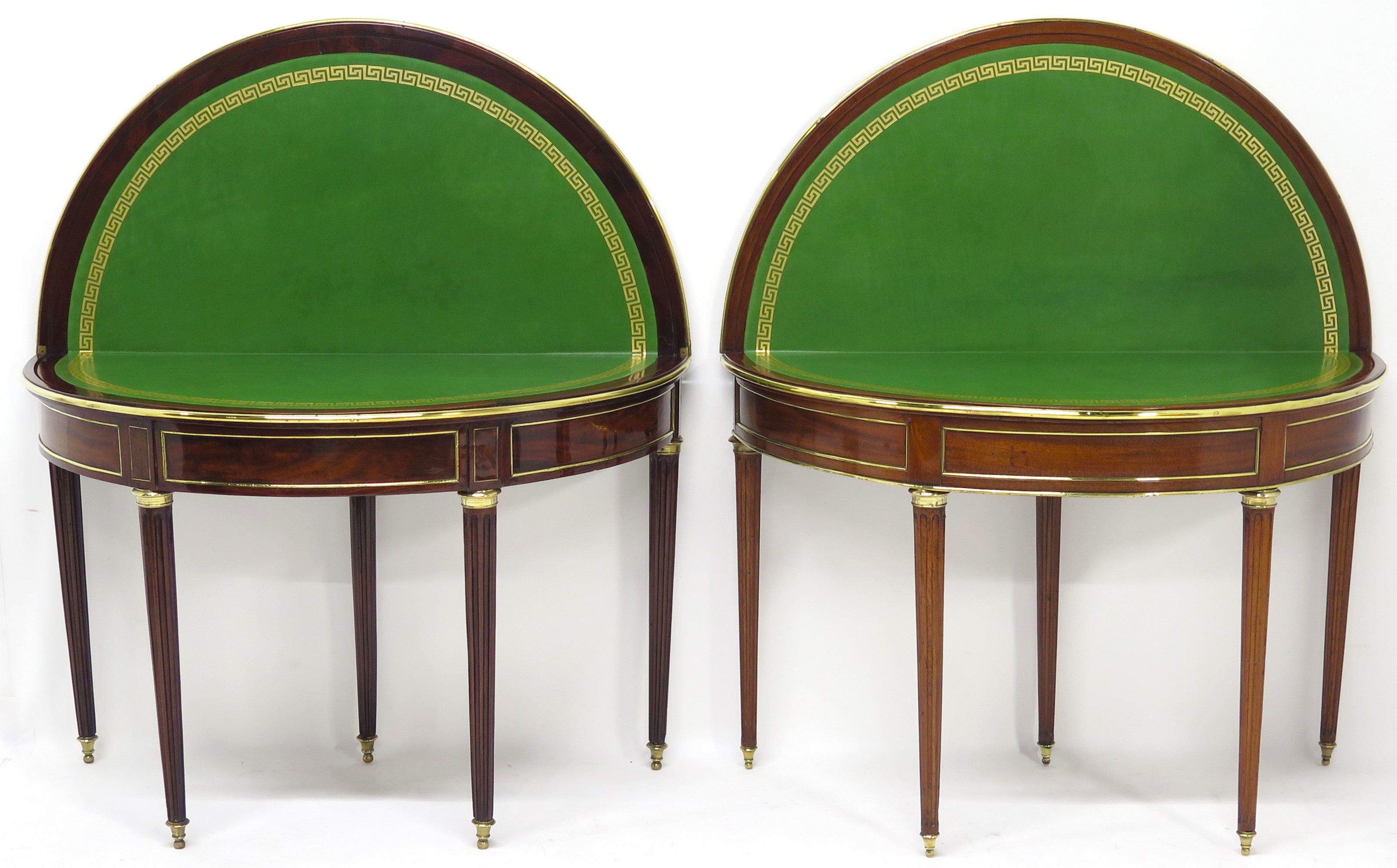 A Beatiful "Near" Pair of Louis XVI Style Mahogany and Brass Mounted Demilune Games Tables