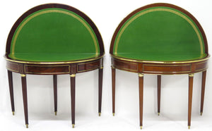 A Beatiful "Near" Pair of Louis XVI Style Mahogany and Brass Mounted Demilune Games Tables