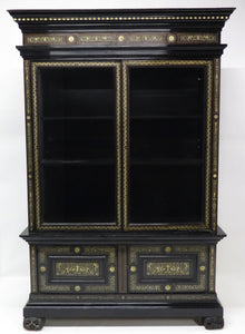 North Italian Ebonized Marquetry Inlaid Vitrine Cabinet Illuminated