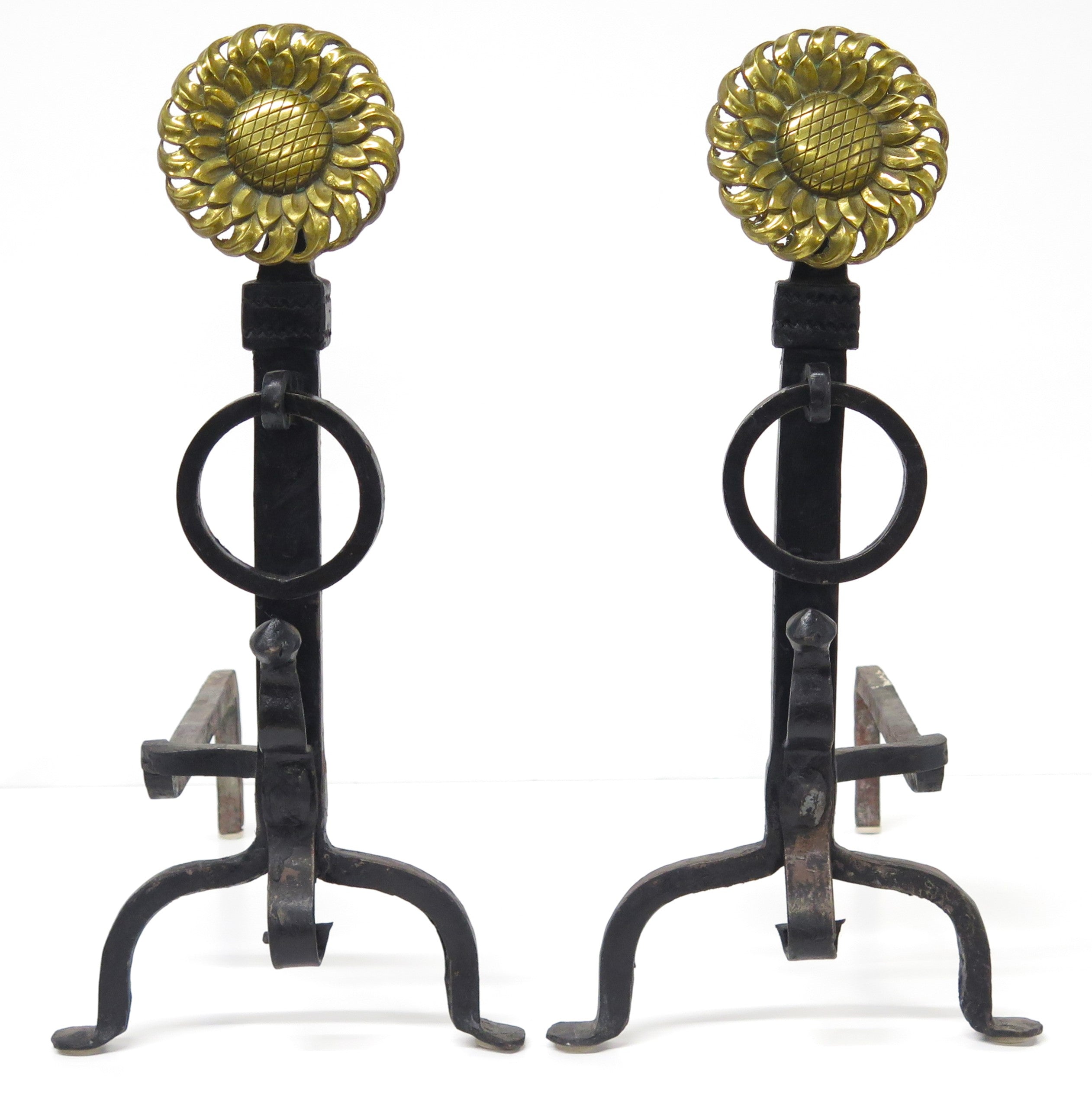English Turn of the Century Brass and Iron Sunflower Andirons