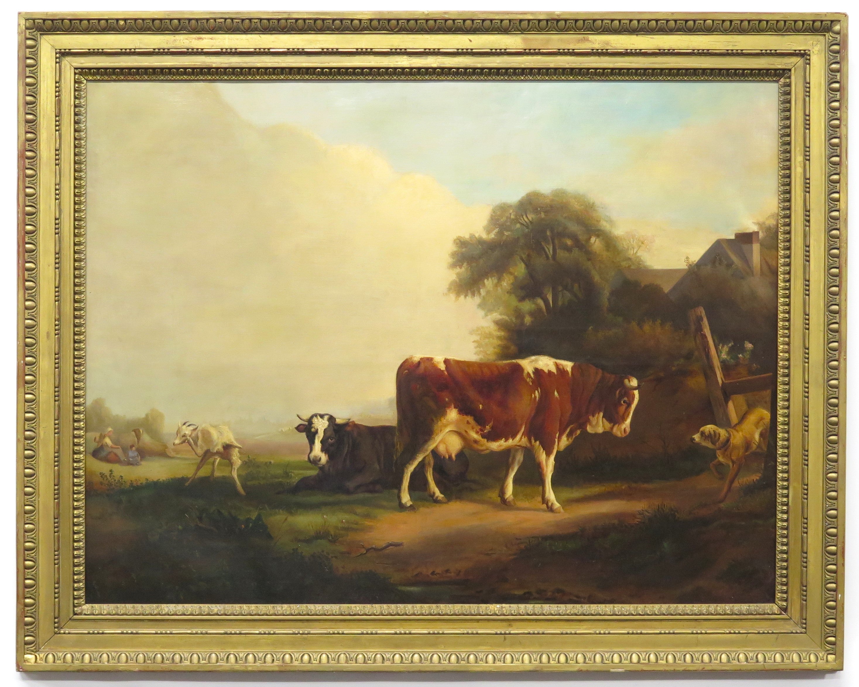 Large Oil on Canvas of a Landscape with Cows, Goats and a Dog. by Jacques Raymond Brascassat