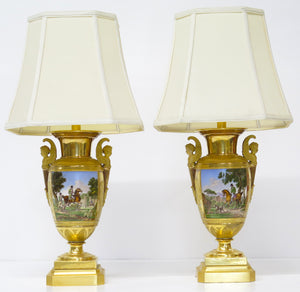 Pair of Gilt Bronze and "Old Paris" Porcelain Neoclassical Table Lamps
