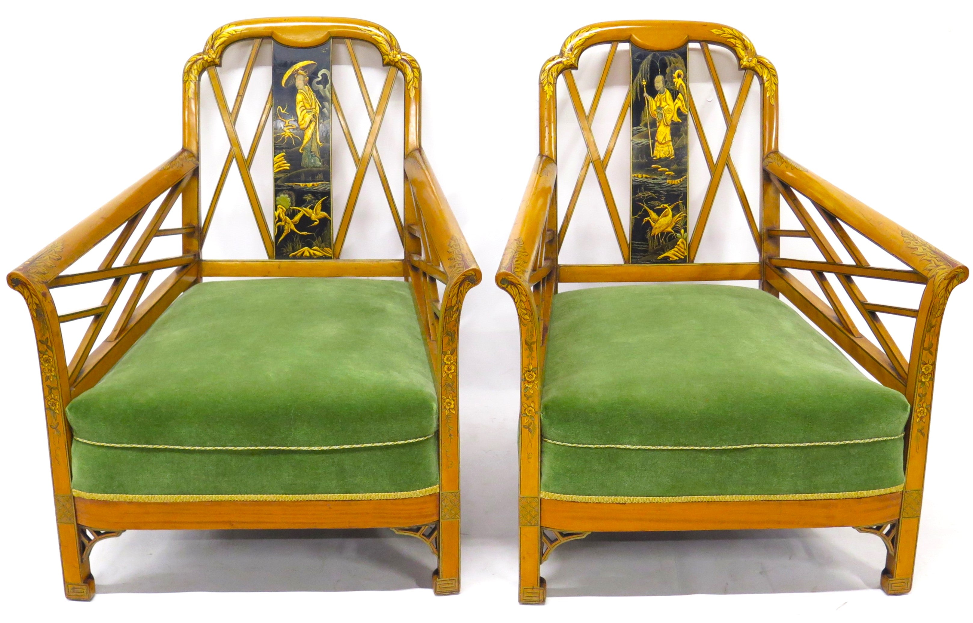 Pair of Satinwood Lounge Chairs in a Chinese-Chippendale-Style