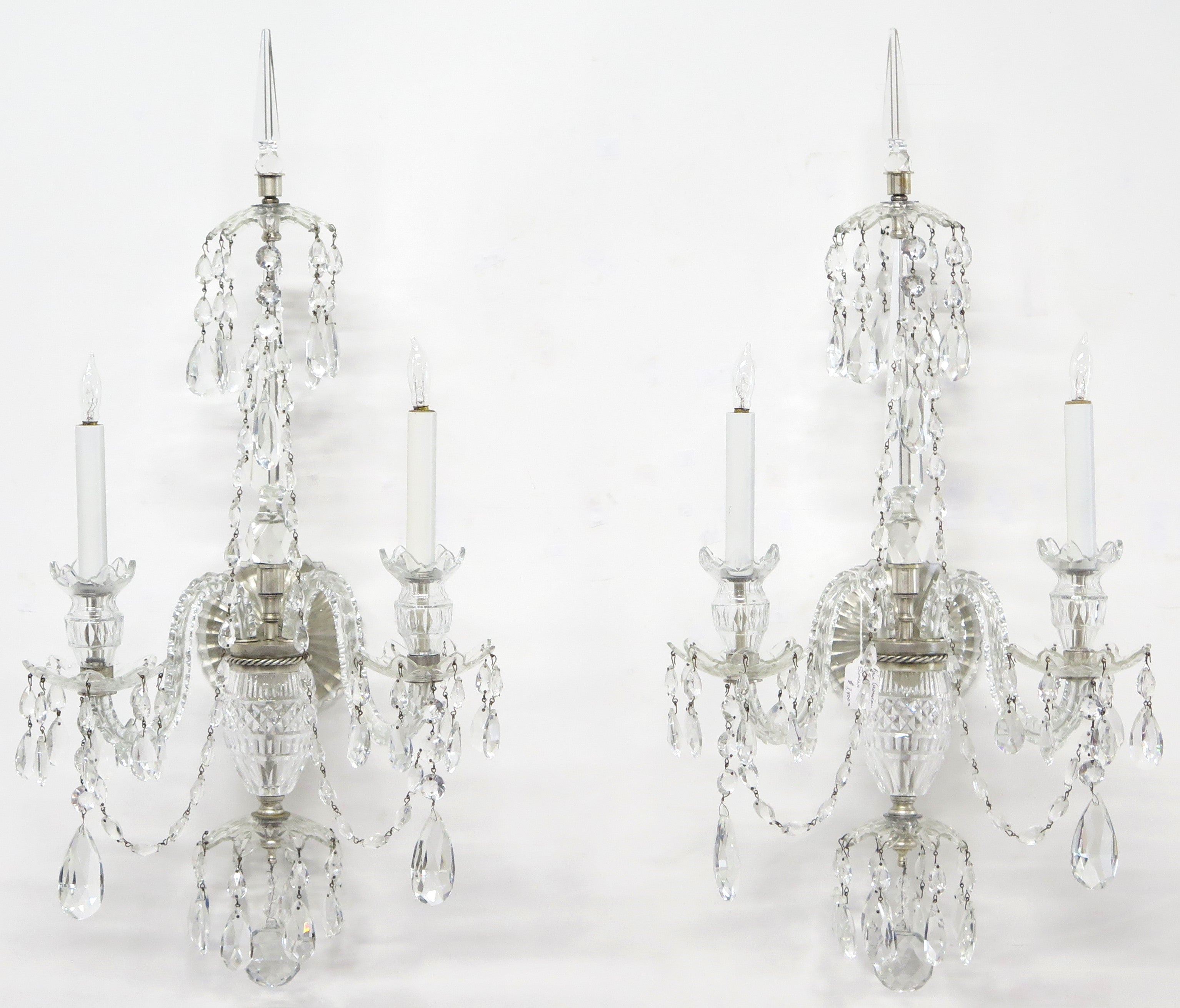 A Large Scale Pair of Georgian Design Two Light Crystal Sconces