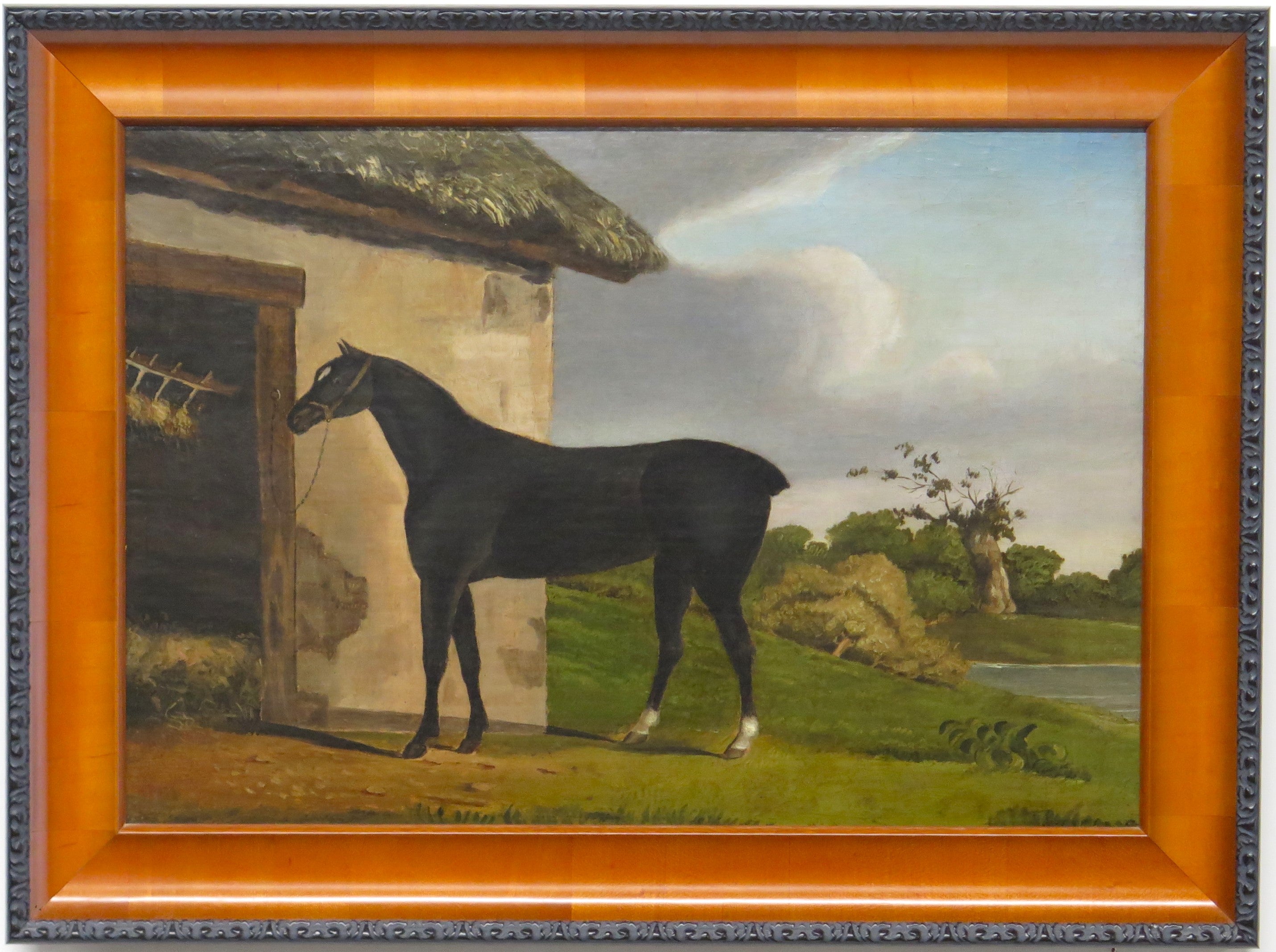 A Nicely Painted English School Oil on Canvas of a Black Horse in a Landscape