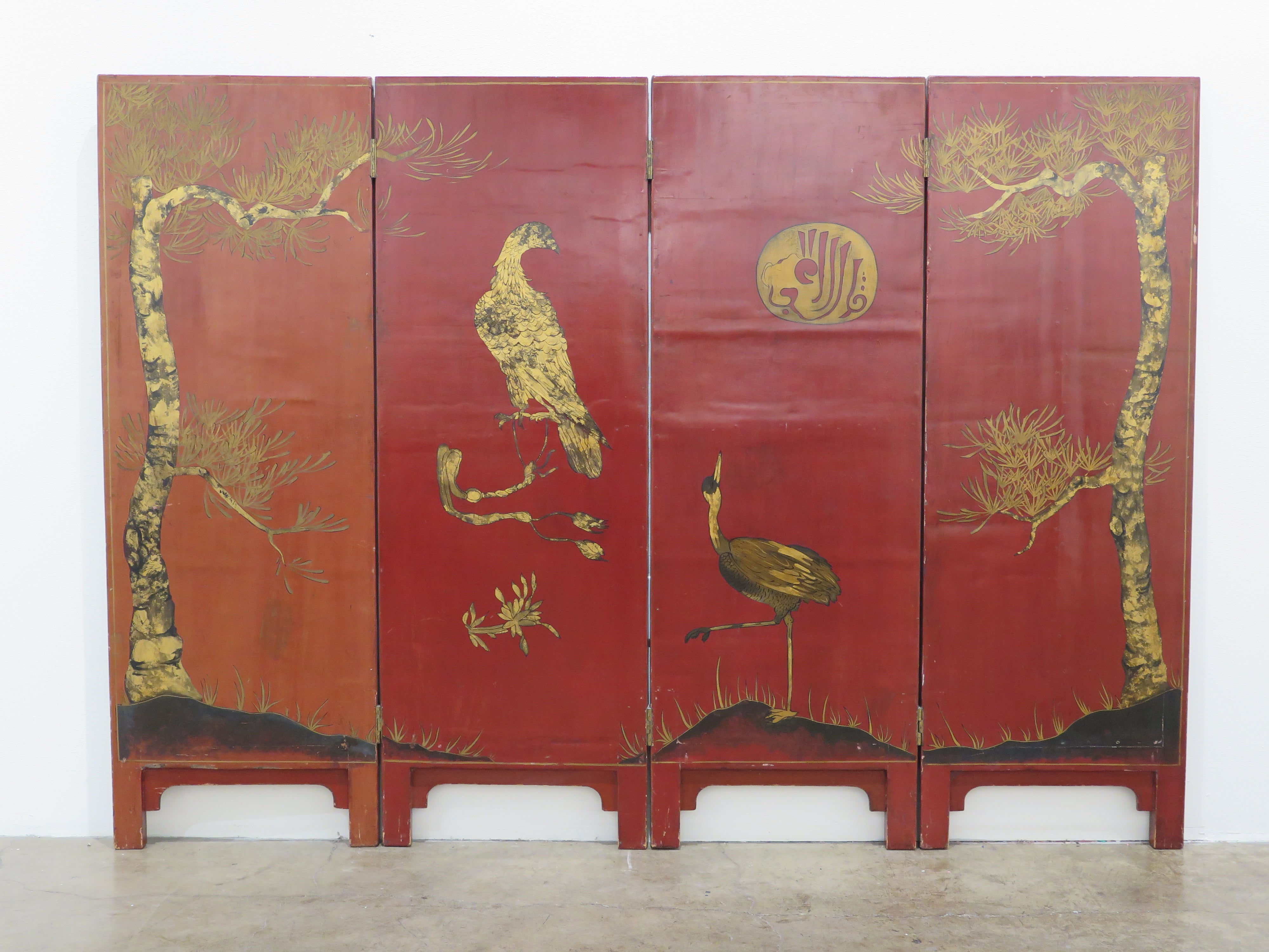 A Red Lacquered Chinese Export Four Panel Screen