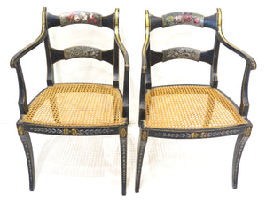 Pair of 19th Century English Black Painted Open Armchairs