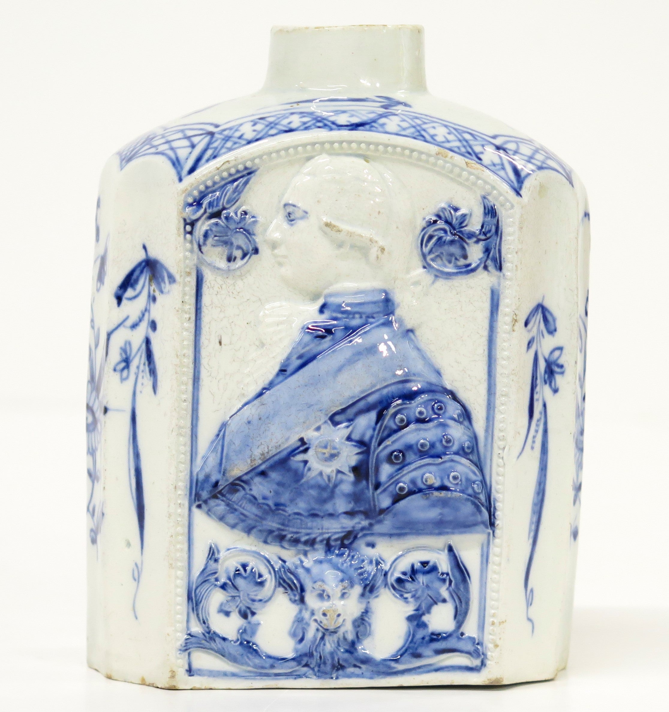 A Fine Pottery Painted Blue Pearlware Tea Canister with Profile of King George III