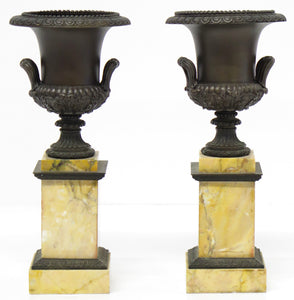 A Pair of French Restoration Patinated Bronze and Siena Marble Vases
