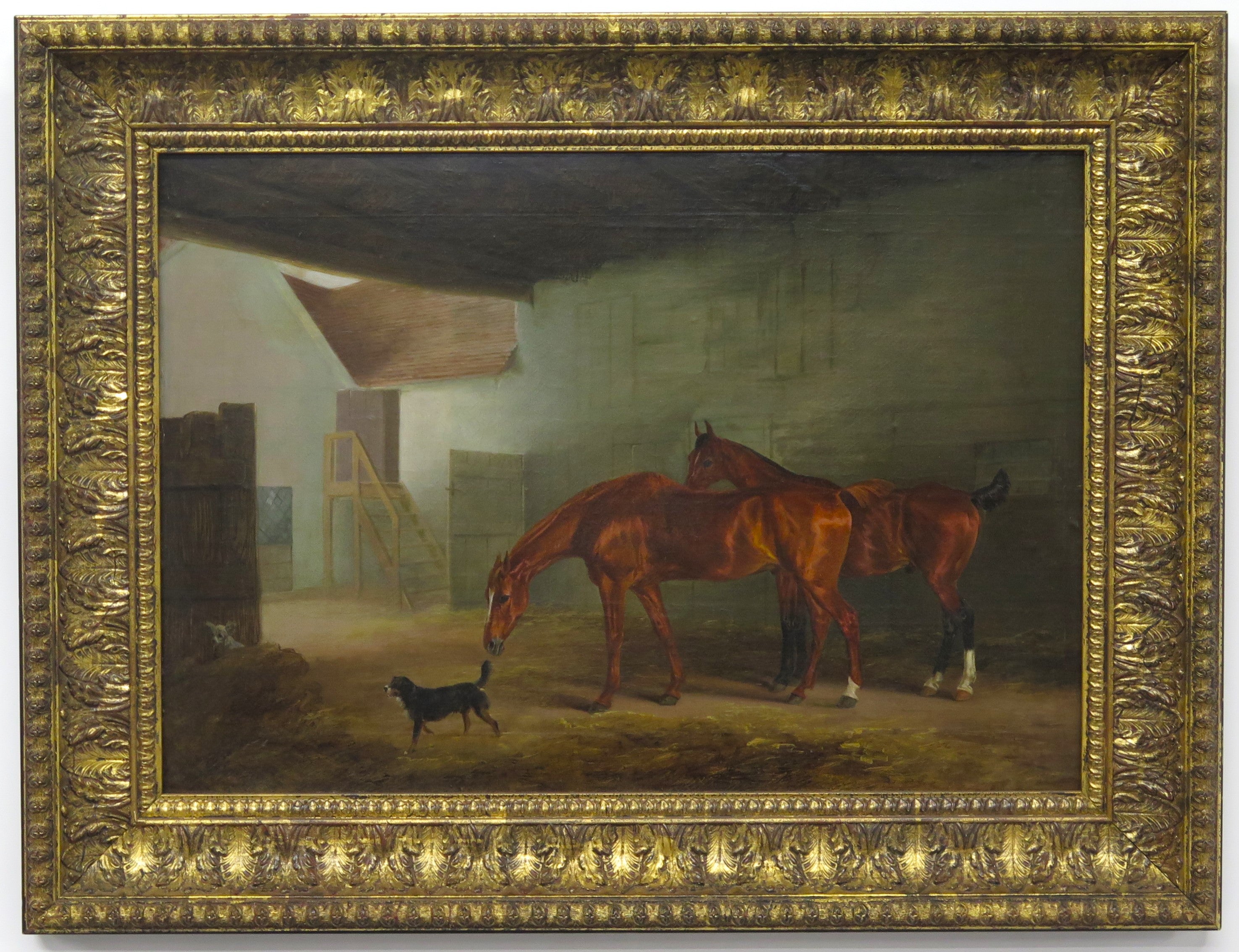 English School Oil on Canvas Depicting Horses and Dogs in a Stable
